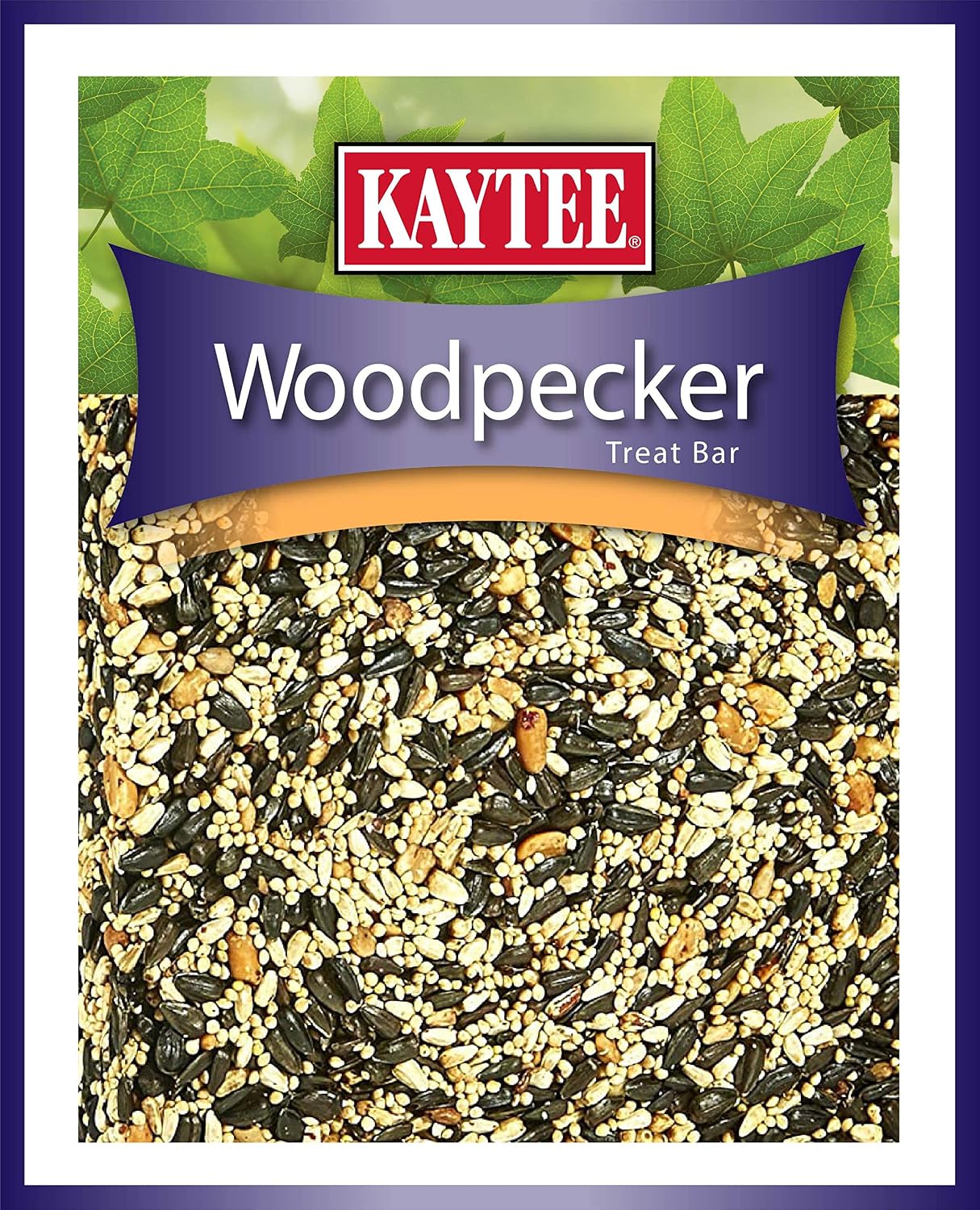 Woodpecker feeding on a hanging Kaytee seed bar in a garden
