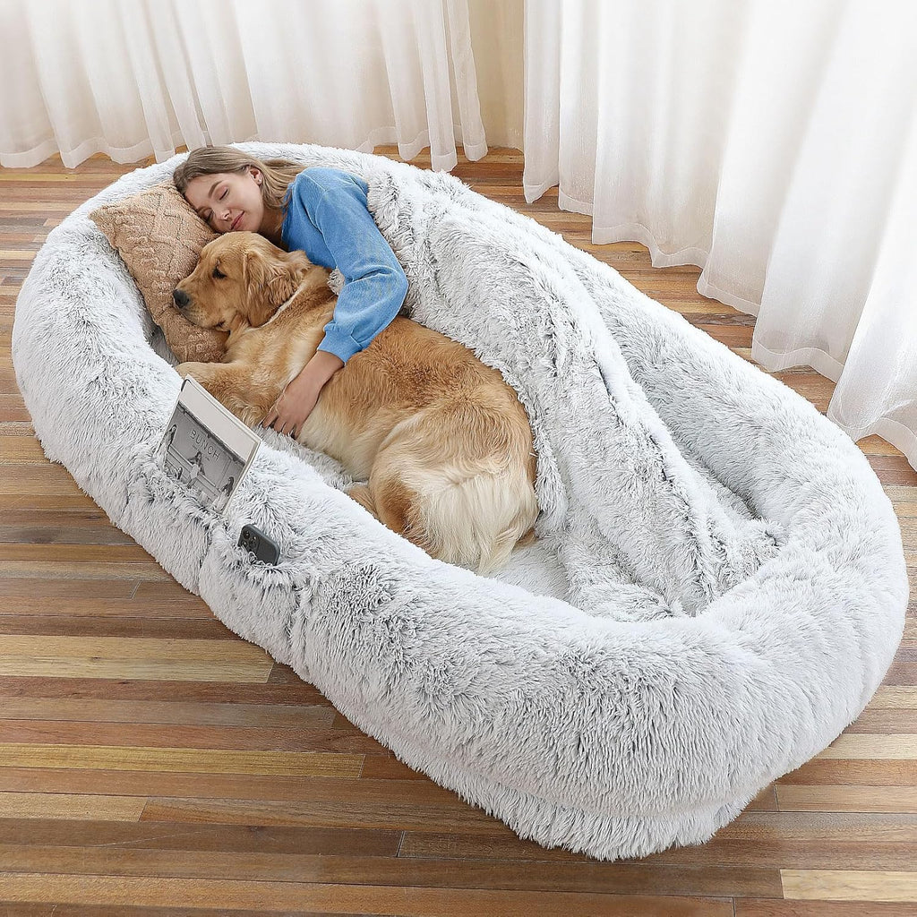 WROS Human Dog Bed - 71"x45"x12" Fits You & Pets, Washable Faux Fur, Orthopedic, Plump Pillow, Blanket, Strap - Grey - Image 1