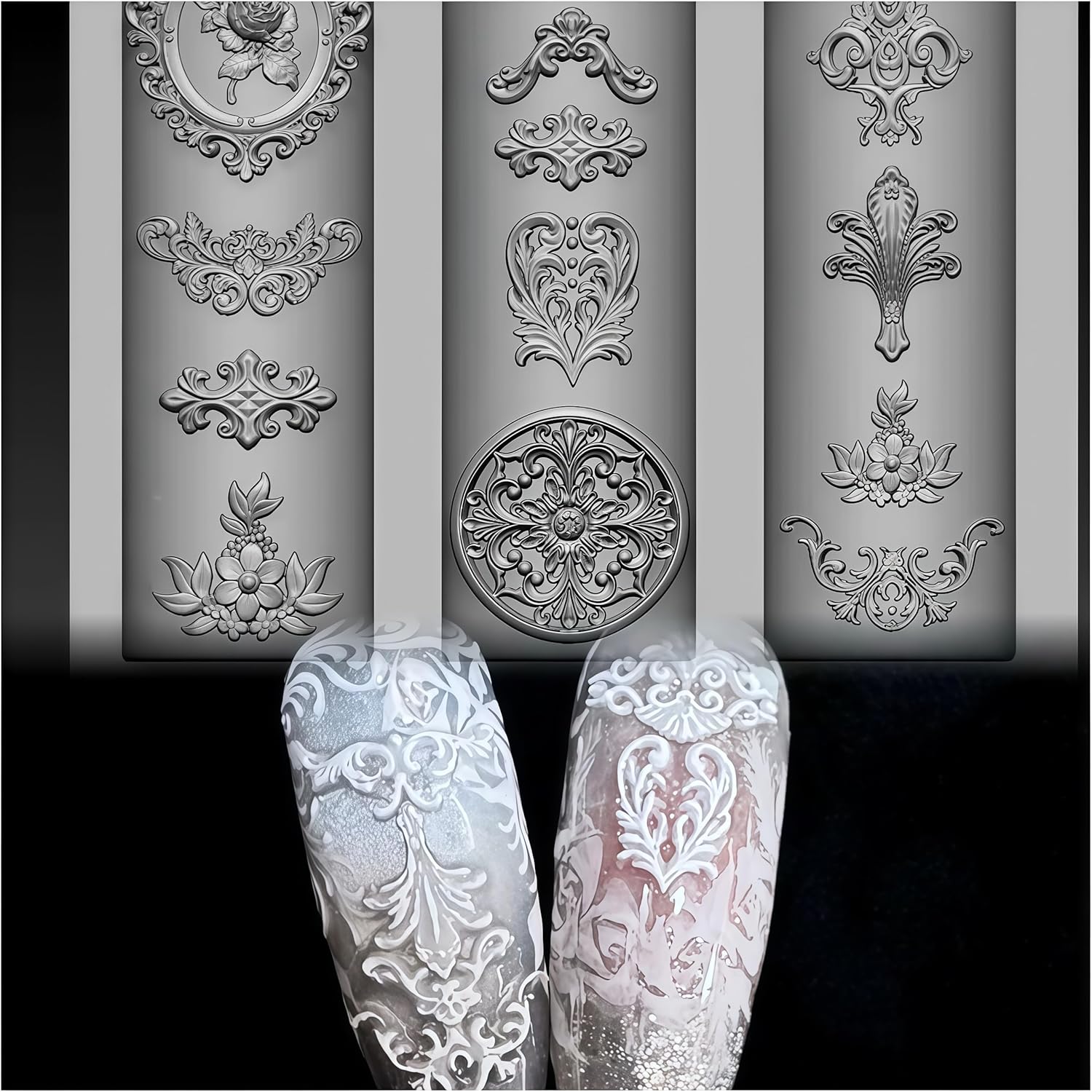 BHCCXZ 3D pattern gel nail art mold front view showing intricate European classical relief patterns