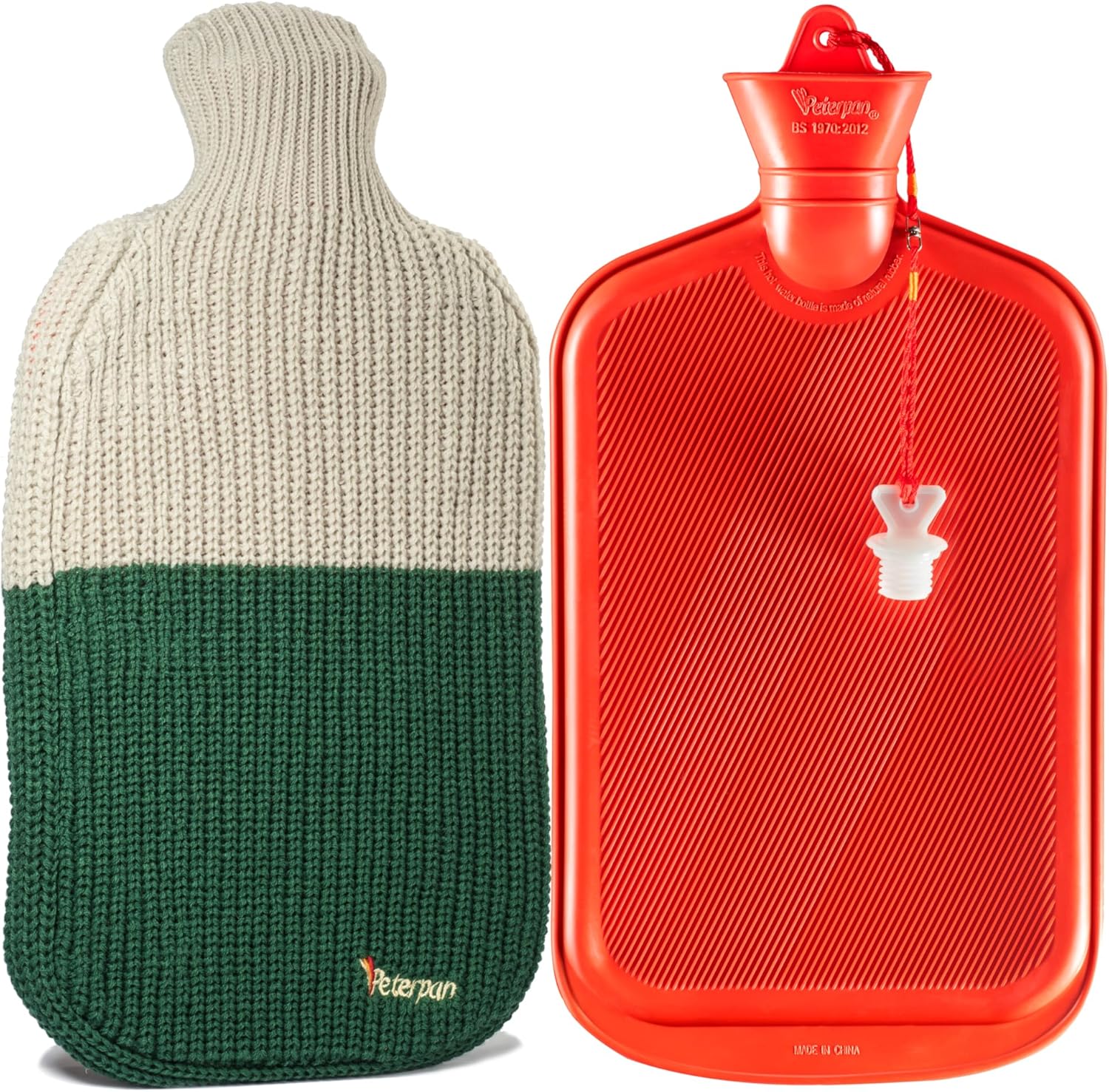 Peterpan knit rubber hot water bottle front view with gray and green wool blend cover