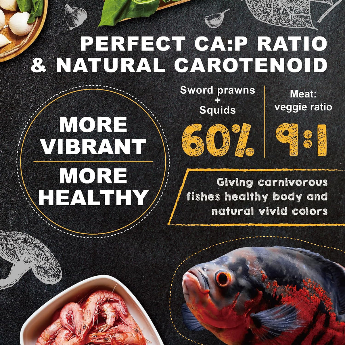Ultra Fresh cichlid food container highlighting 40 percent wild sword prawns ingredient label.
