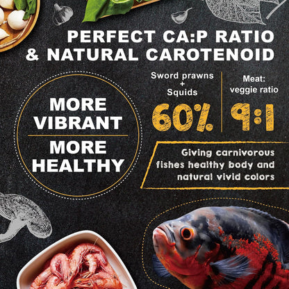 Ultra Fresh cichlid food container highlighting 40 percent wild sword prawns ingredient label.