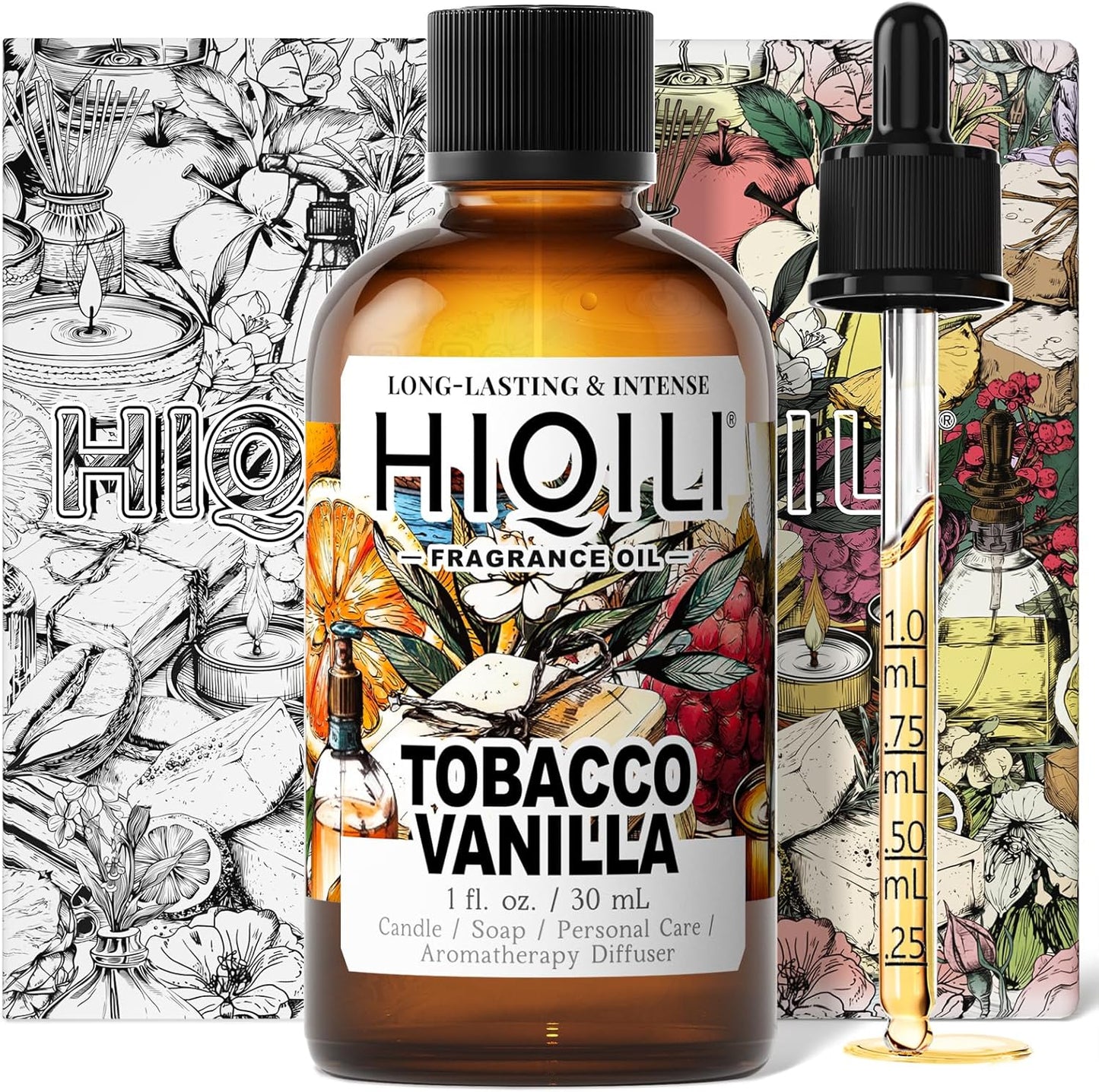 HIQILI Tobacco Vanilla Fragrance Oil 1 Fluid Ounce bottle front view for aromatherapy.