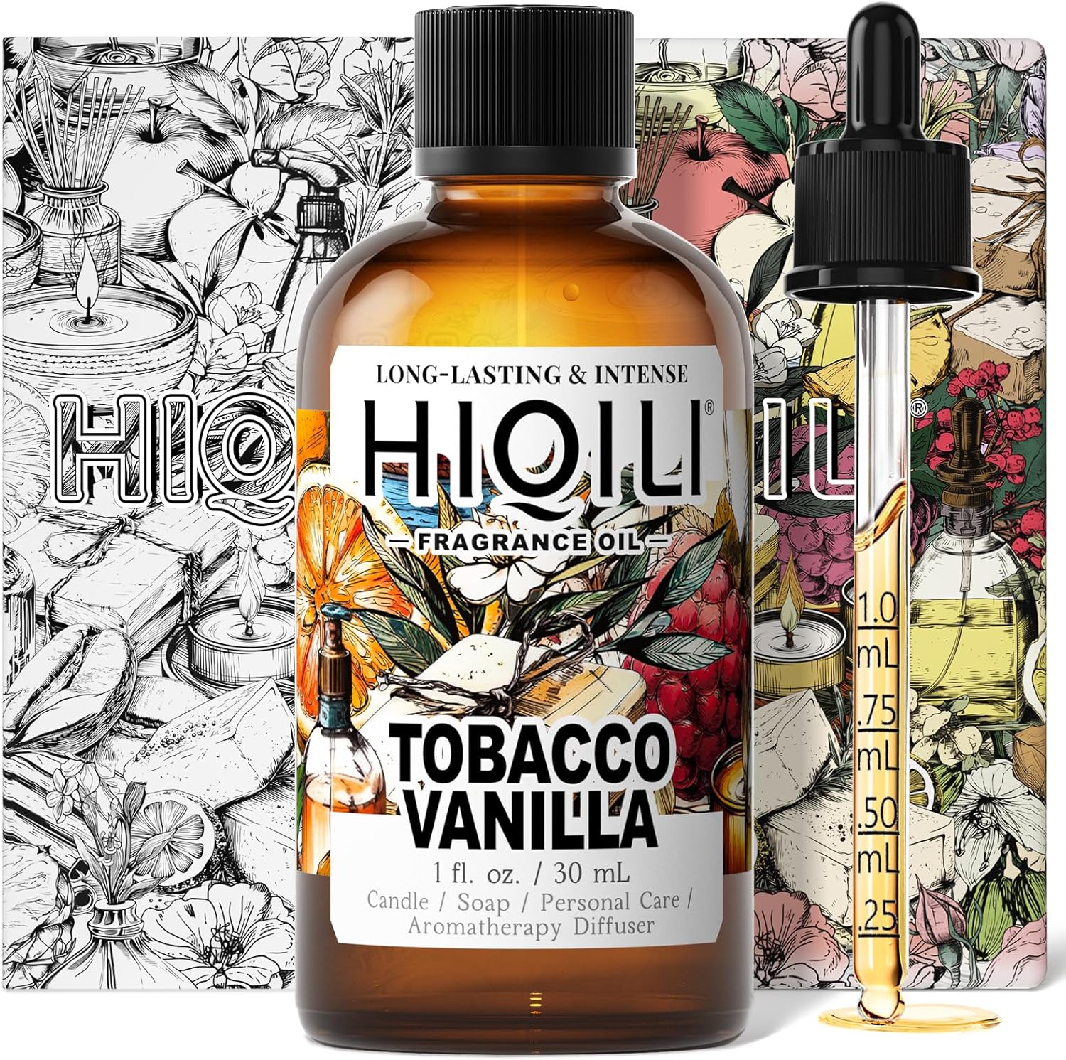 HIQILI Tobacco Vanilla Fragrance Oil 1 Fluid Ounce bottle front view for aromatherapy.