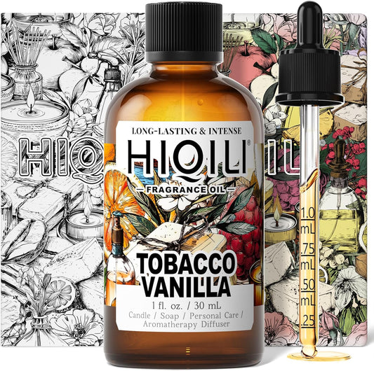 HIQILI Tobacco Vanilla Fragrance Oil 1 Fluid Ounce bottle front view for aromatherapy.