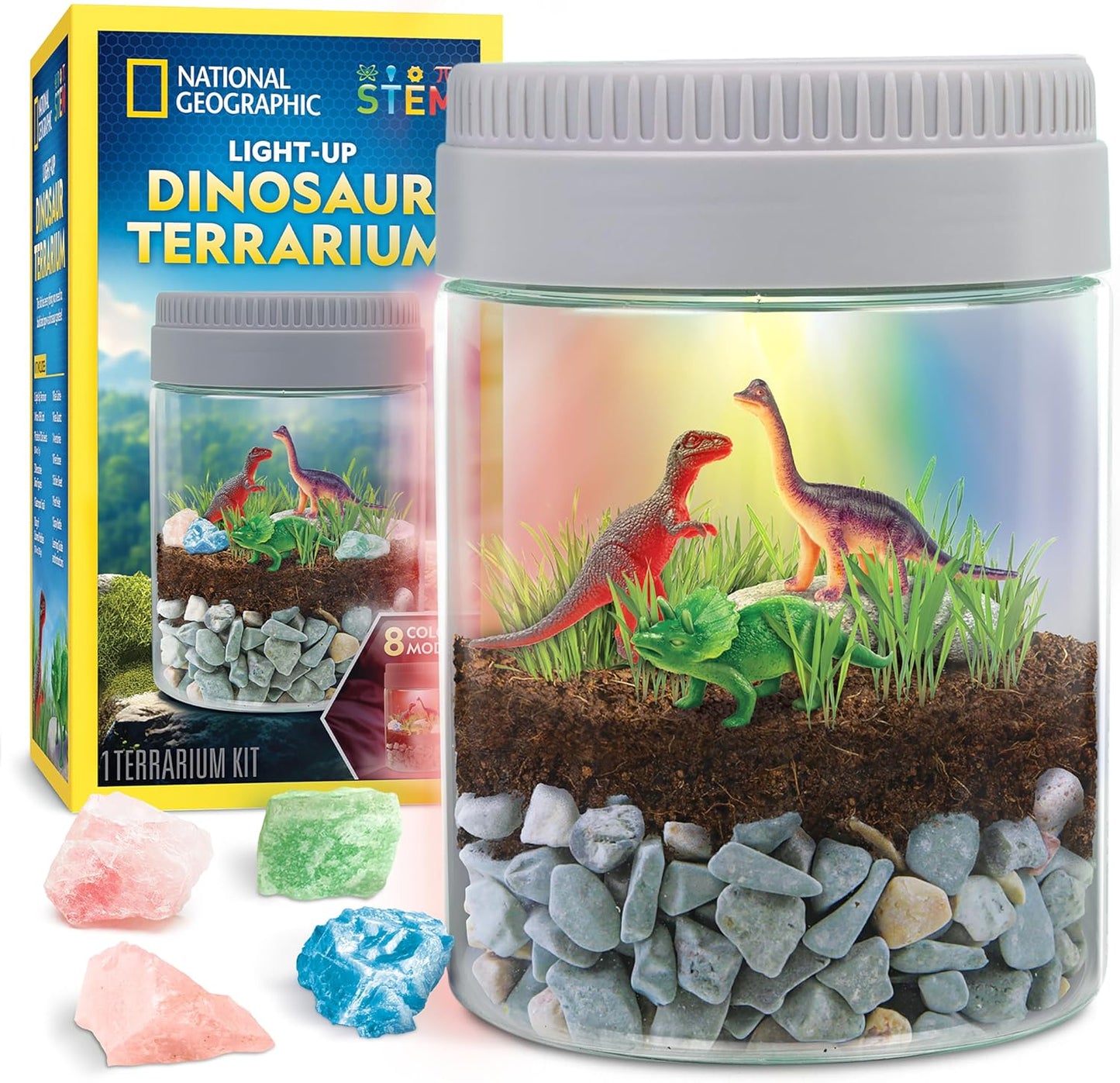 National Geographic Dinosaur Terrarium Kit front view showing illuminated multicolor LED light lid.