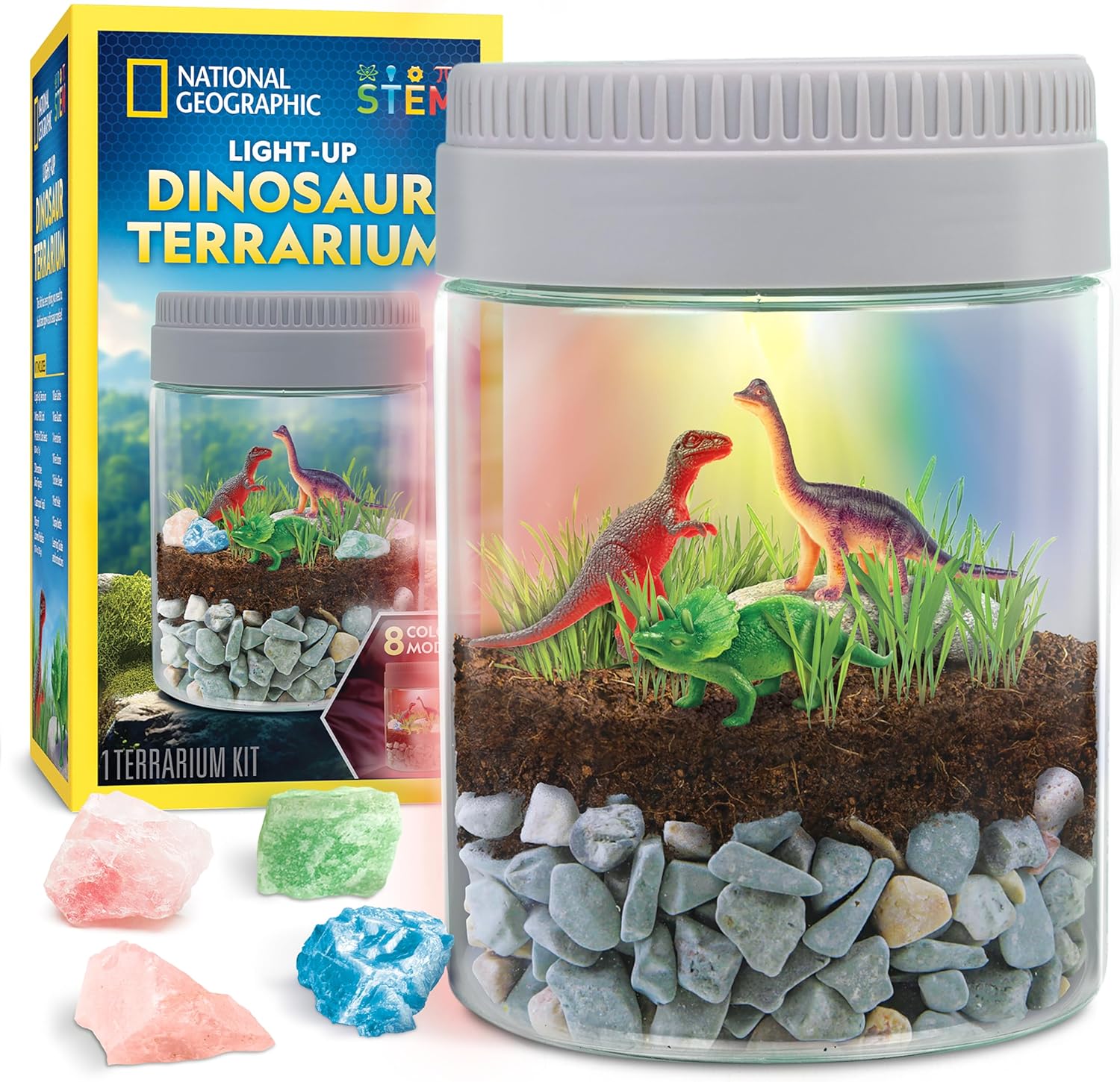 National Geographic Dinosaur Terrarium Kit front view showing illuminated multicolor LED light lid.
