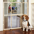 MYPET North States wire mesh dog gate front view installed in a wide doorway