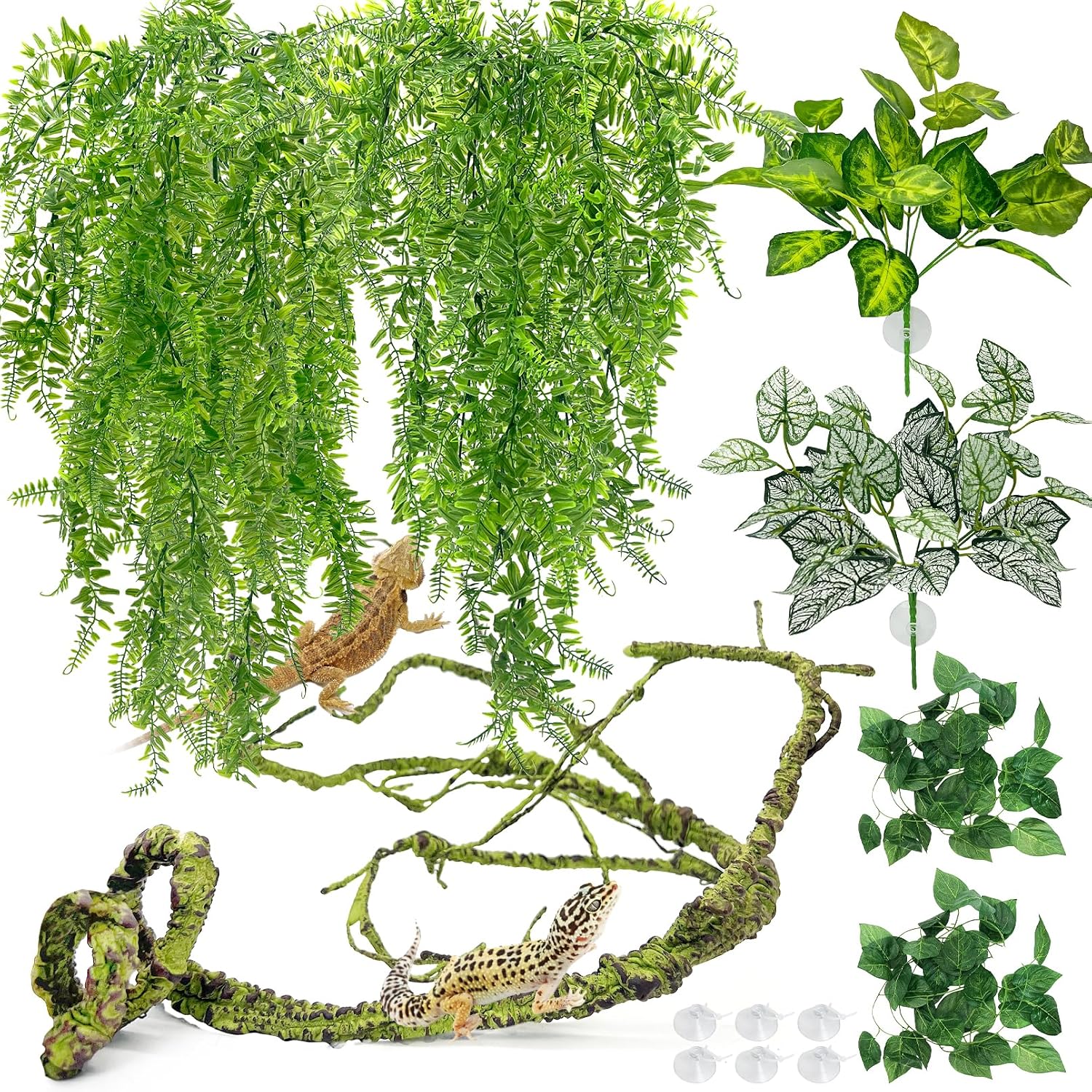 Hamiledyi 5 Pcs Reptile Plants Terrarium Hanging Fake Plant Leaves, Bearded Dragon Tank Accessories, Habitat Decor for Snake Leopard Gecko Lizard Chameleon Spider Turtle (Style 3) - Image 10