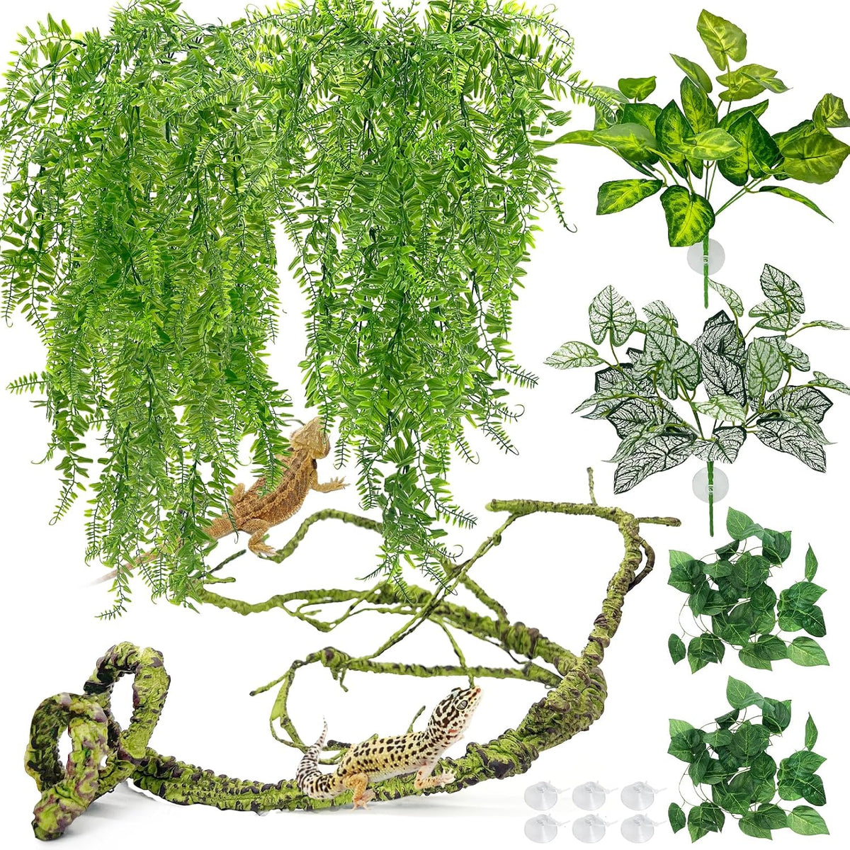 Hamiledyi 5 Pcs Reptile Plants Terrarium Hanging Fake Plant Leaves, Bearded Dragon Tank Accessories, Habitat Decor for Snake Leopard Gecko Lizard Chameleon Spider Turtle (Style 3) - Image 10