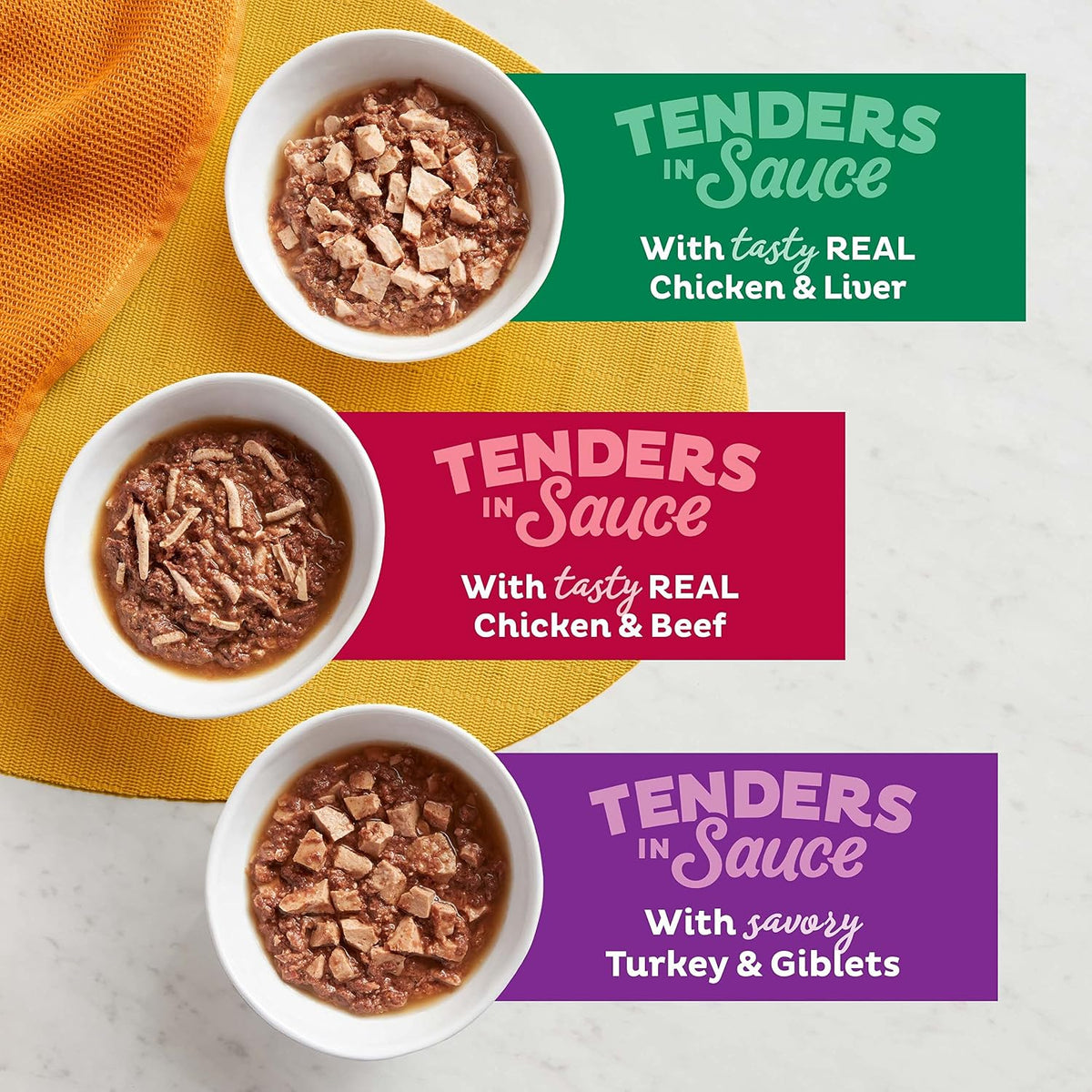 Meow Mix chicken and beef recipe cup packaging
