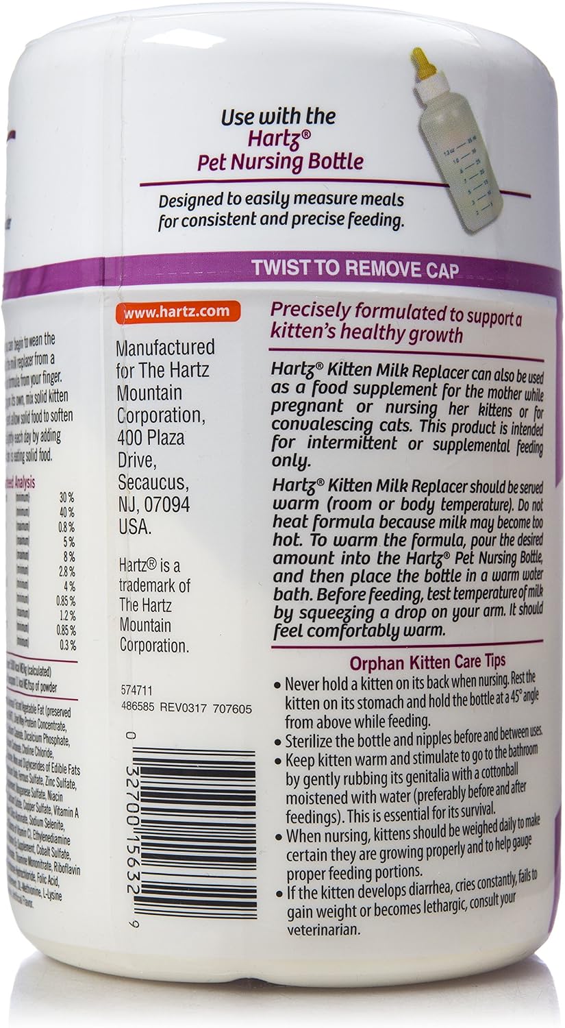Back label of Hartz milk replacer showing feeding chart