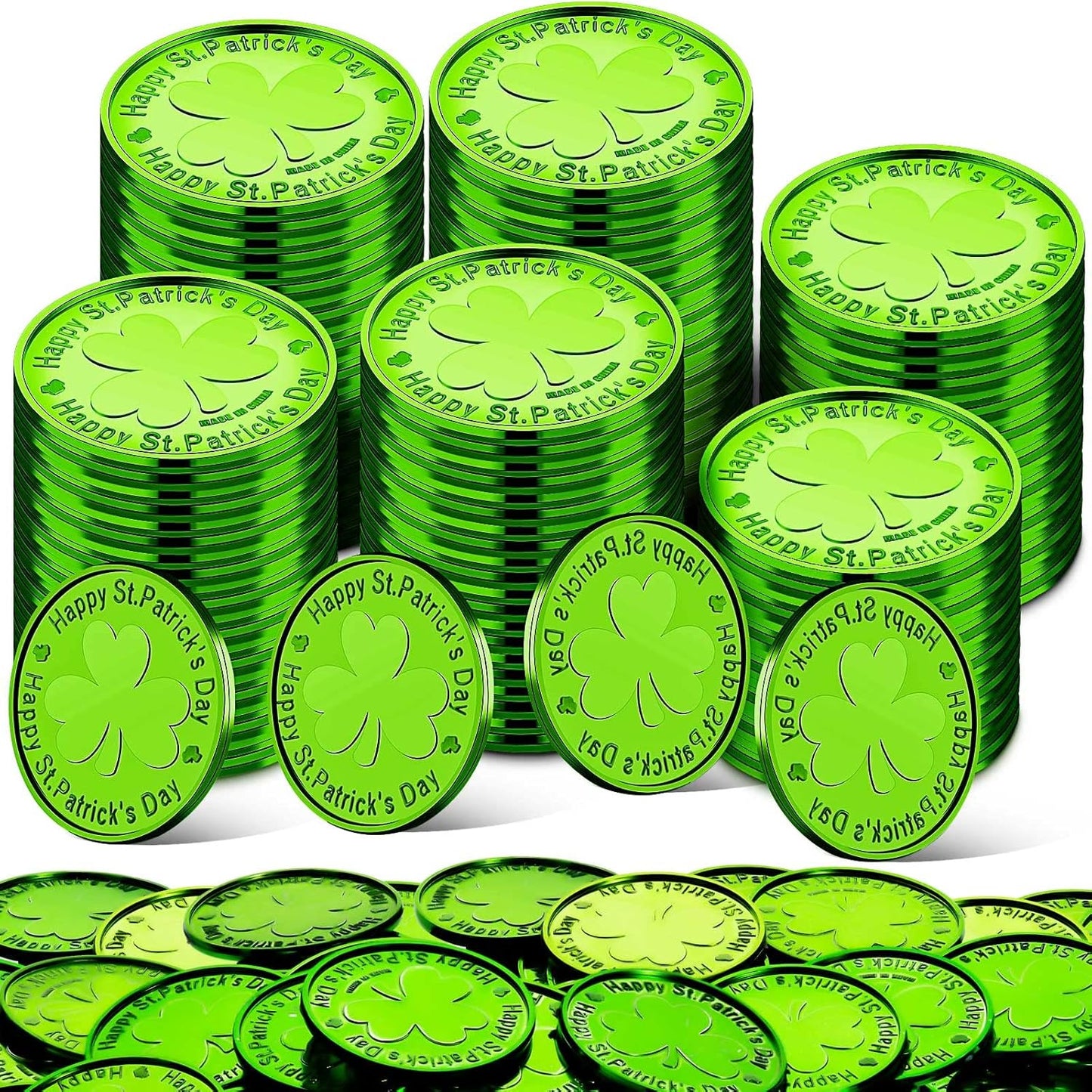 Civaner St Patricks Day plastic coins pack front view showcasing green shamrock design.