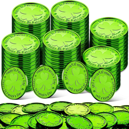 Civaner St Patricks Day plastic coins pack front view showcasing green shamrock design.