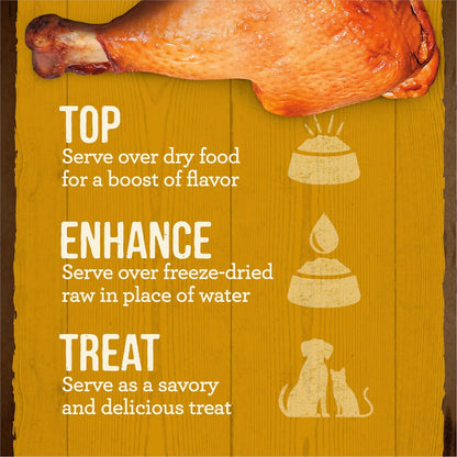 Merrick chicken bone broth food topper product display with superfood icons