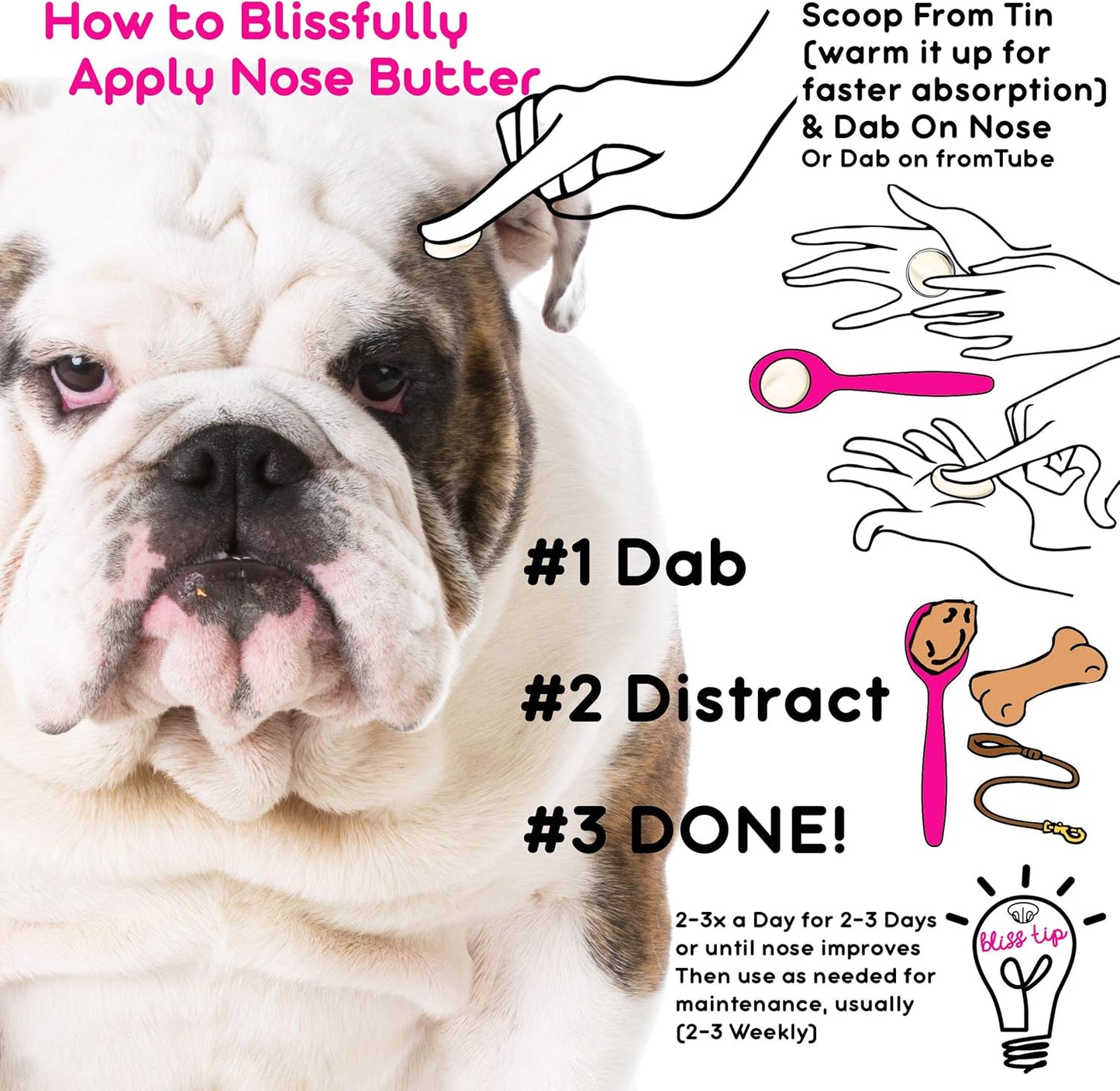 Premium USA-imported dog moisturizing butter applied to a dry cracked bulldog nose.