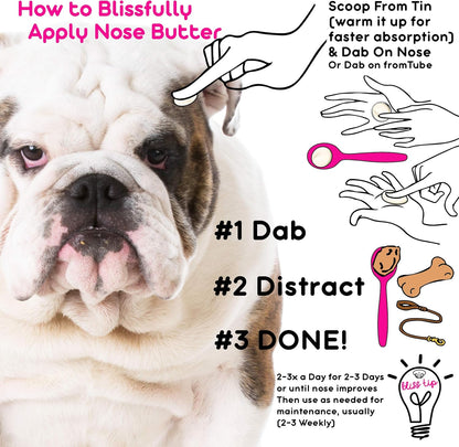 Premium USA-imported dog moisturizing butter applied to a dry cracked bulldog nose.