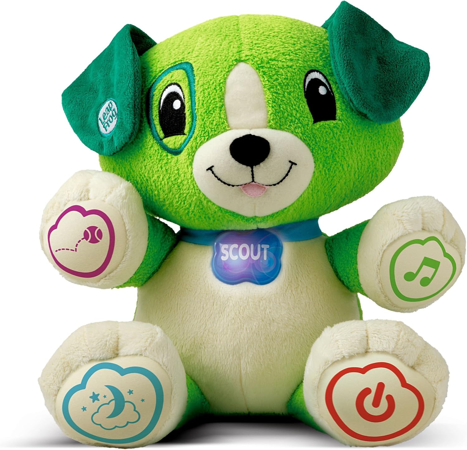 LeapFrog My Pal Scout interactive plush puppy toy front view showing green fur and interactive paws.