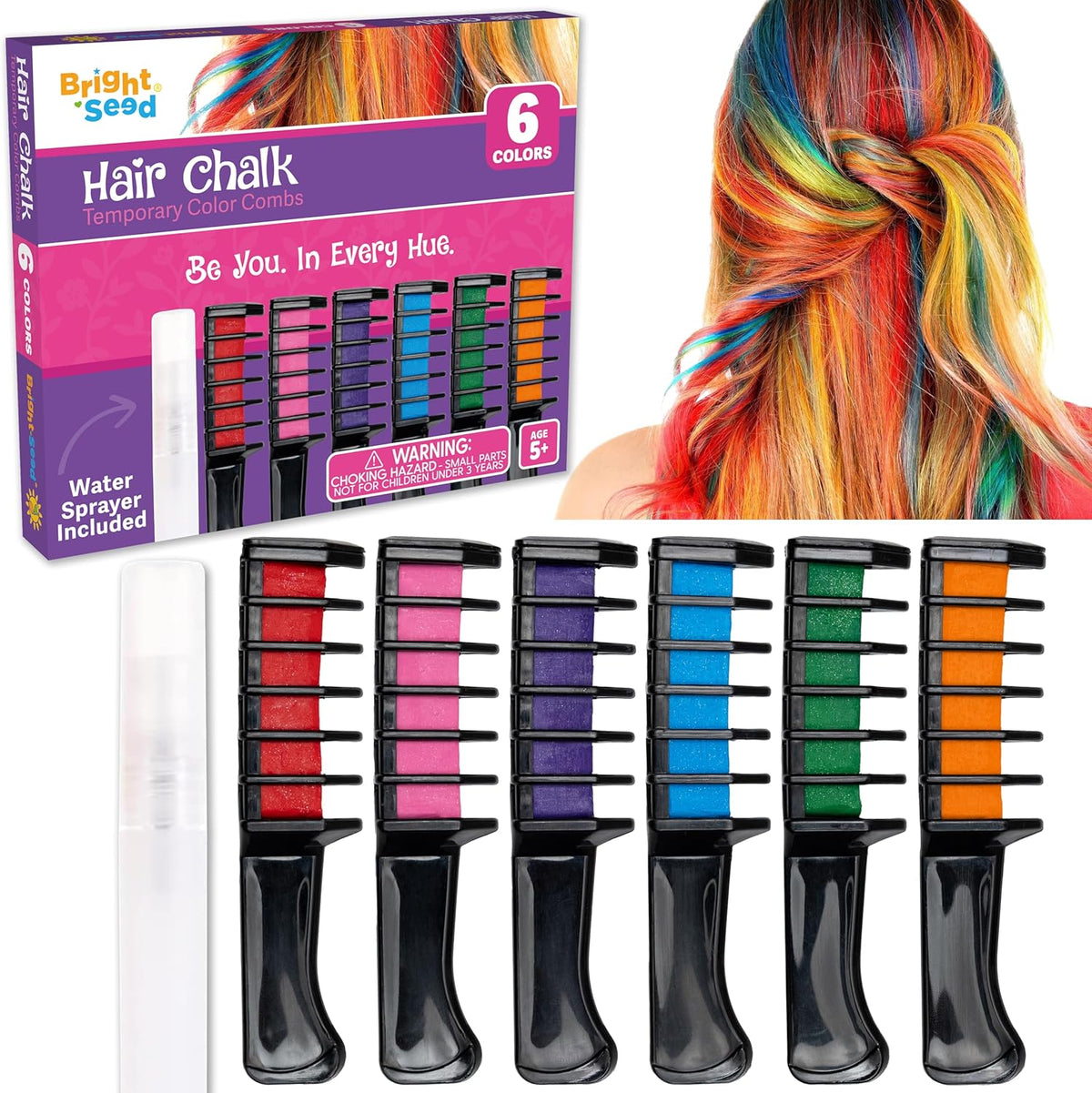 Bright Seed temporary hair chalk set with 6 colorful combs