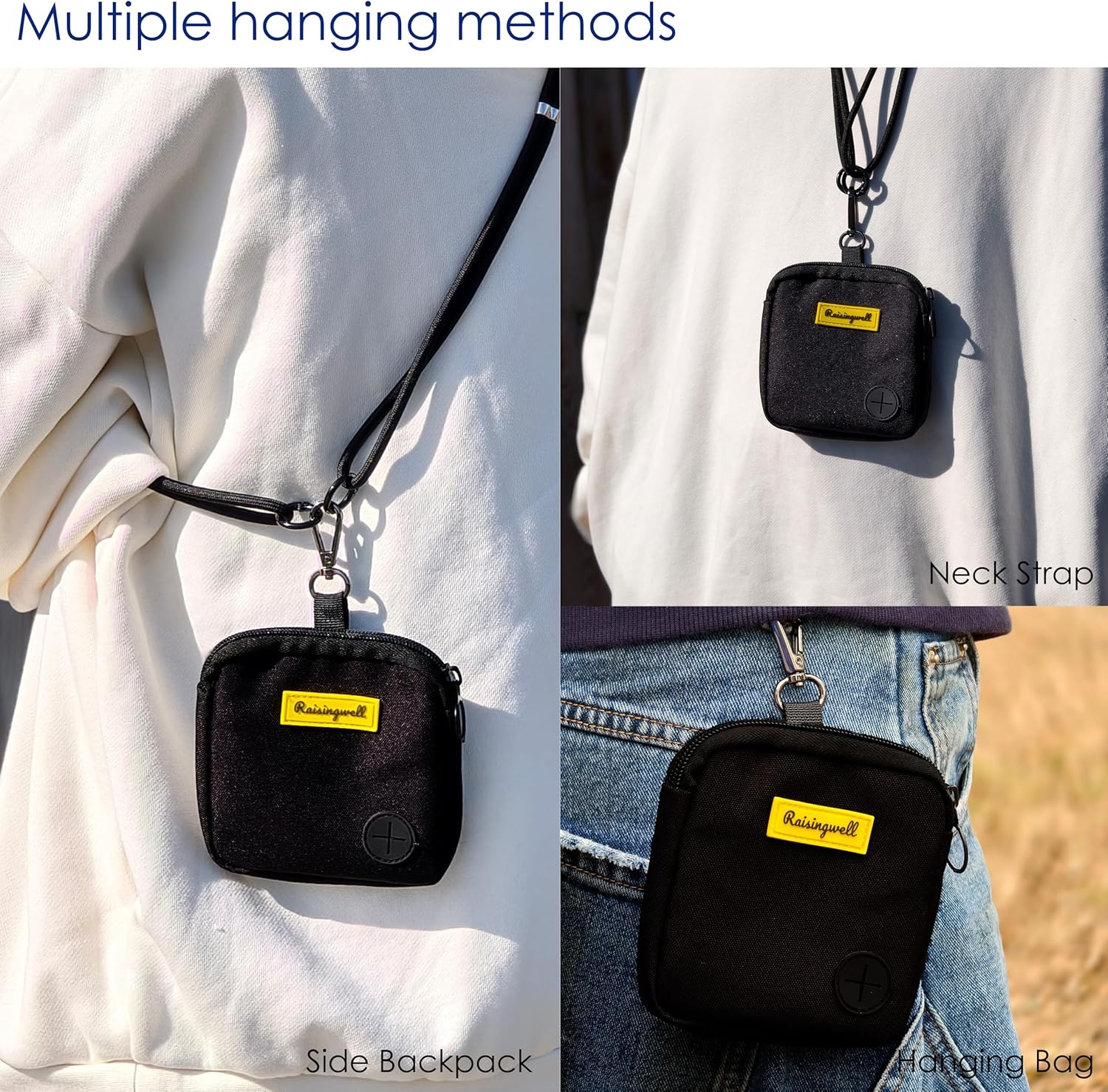 Side view of pet walking bag showing rubber opening for waste bag dispensing