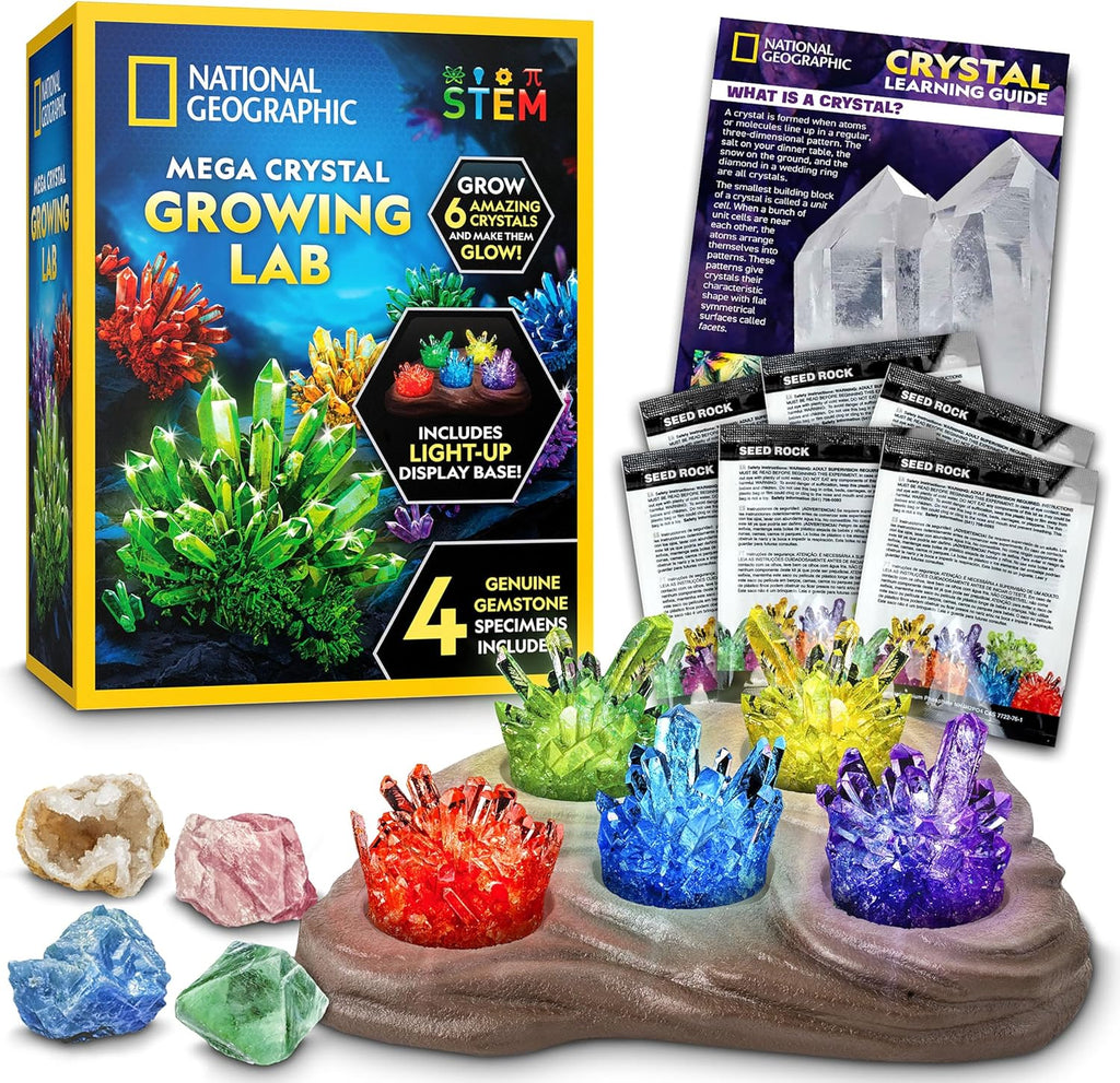 National Geographic Mega Crystal Growing Kit packaging front view highlighting six vibrant crystals