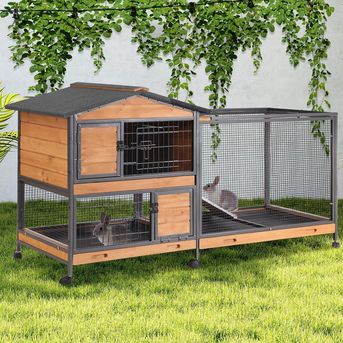 GUTINNEEN 2-Story Rabbit Hutch with Chew-Proof Full Metal Frame for Indoor/Outdoor - 62" Bunny Cage with 6 Locking Casters & 2 Pull-Out Trays for Rabbits, Guinea Pigs, Small Pets (Brown) - Image 1