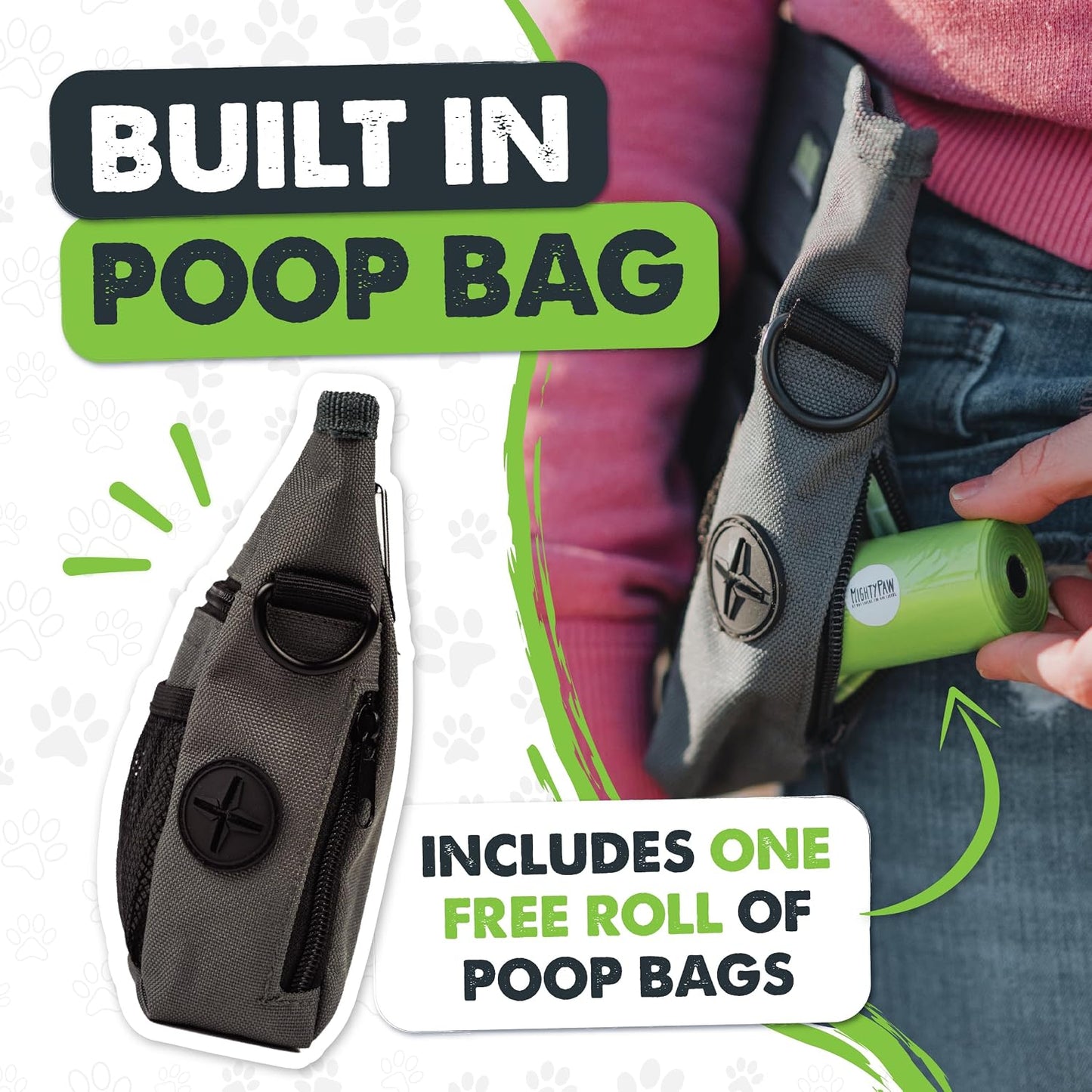 Mighty Paw hands-free pet pouch showing adjustable shoulder and waist strap