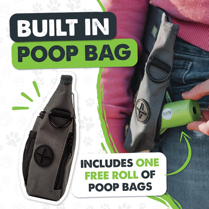 Mighty Paw hands-free pet pouch showing adjustable shoulder and waist strap
