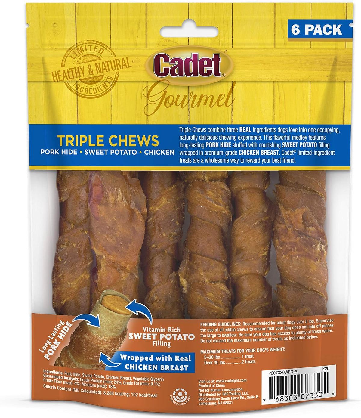Cadet long lasting healthy dog treats displaying texture and real chicken wrap