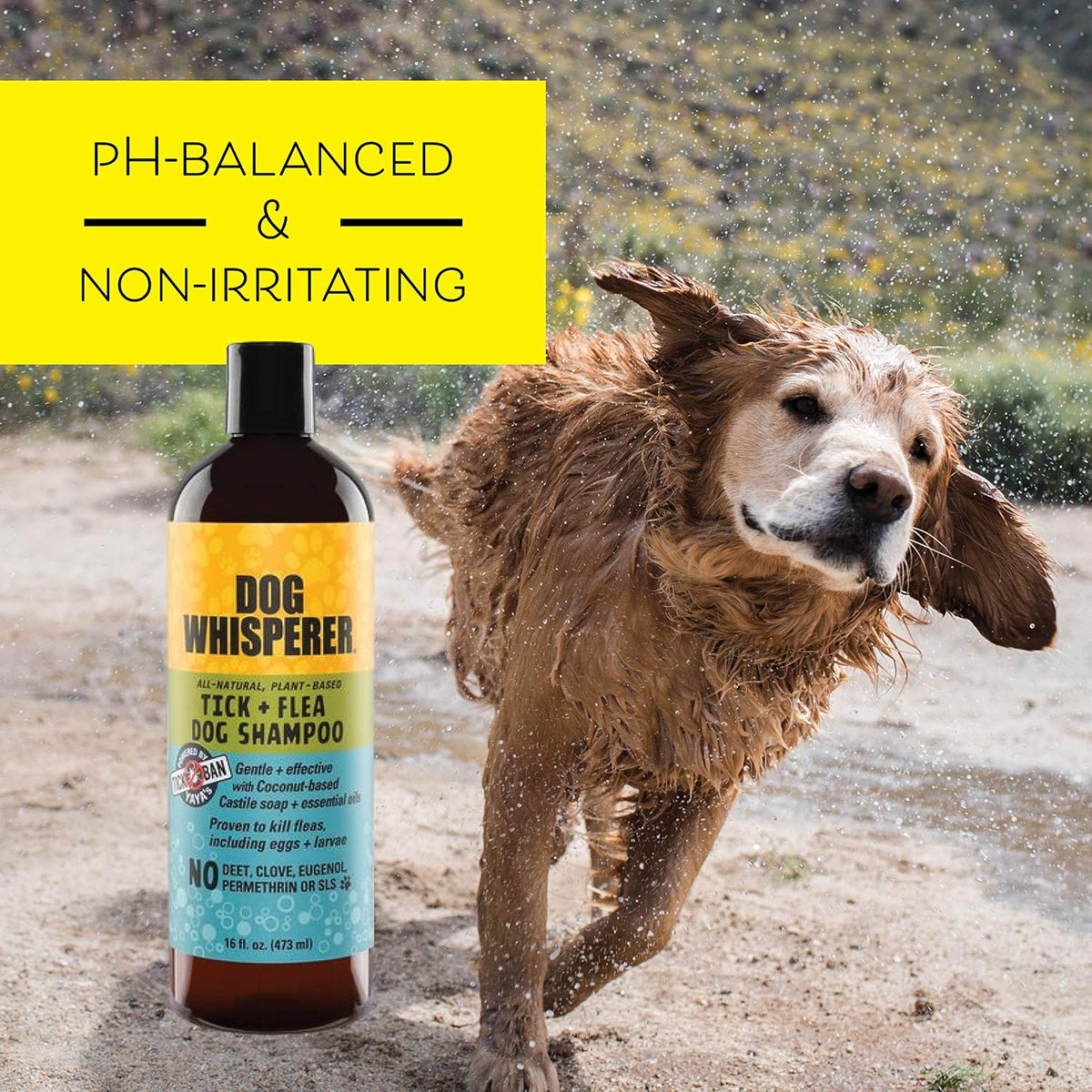 Natural herbal dog wash for flea egg and larvae removal bottle display