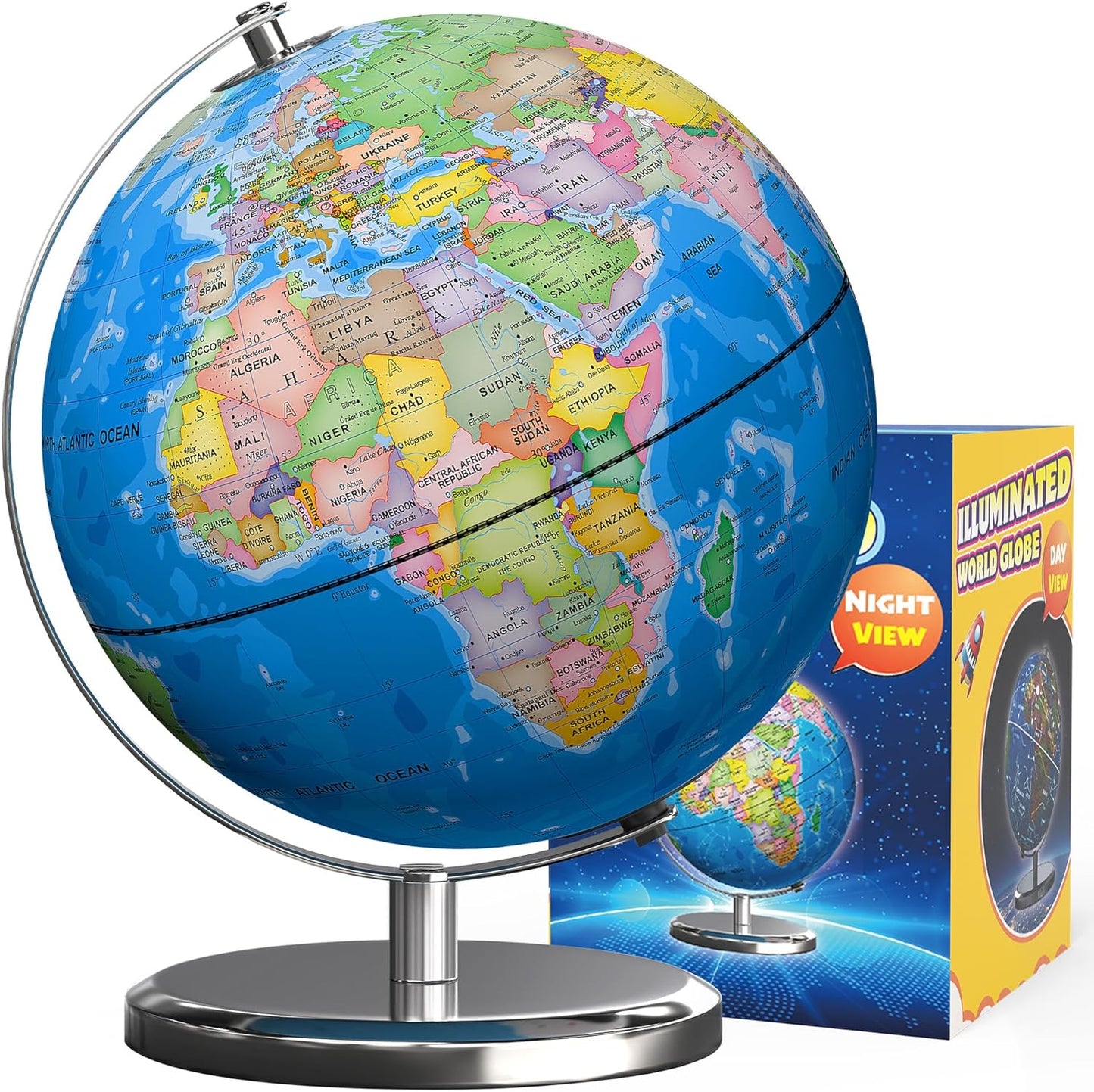 Waldauge 9 inch illuminated world globe with heavy metal stand front view