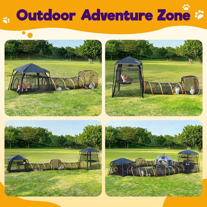 Collapsible catio enclosure for multiple cats featuring weather resistant orange trim.