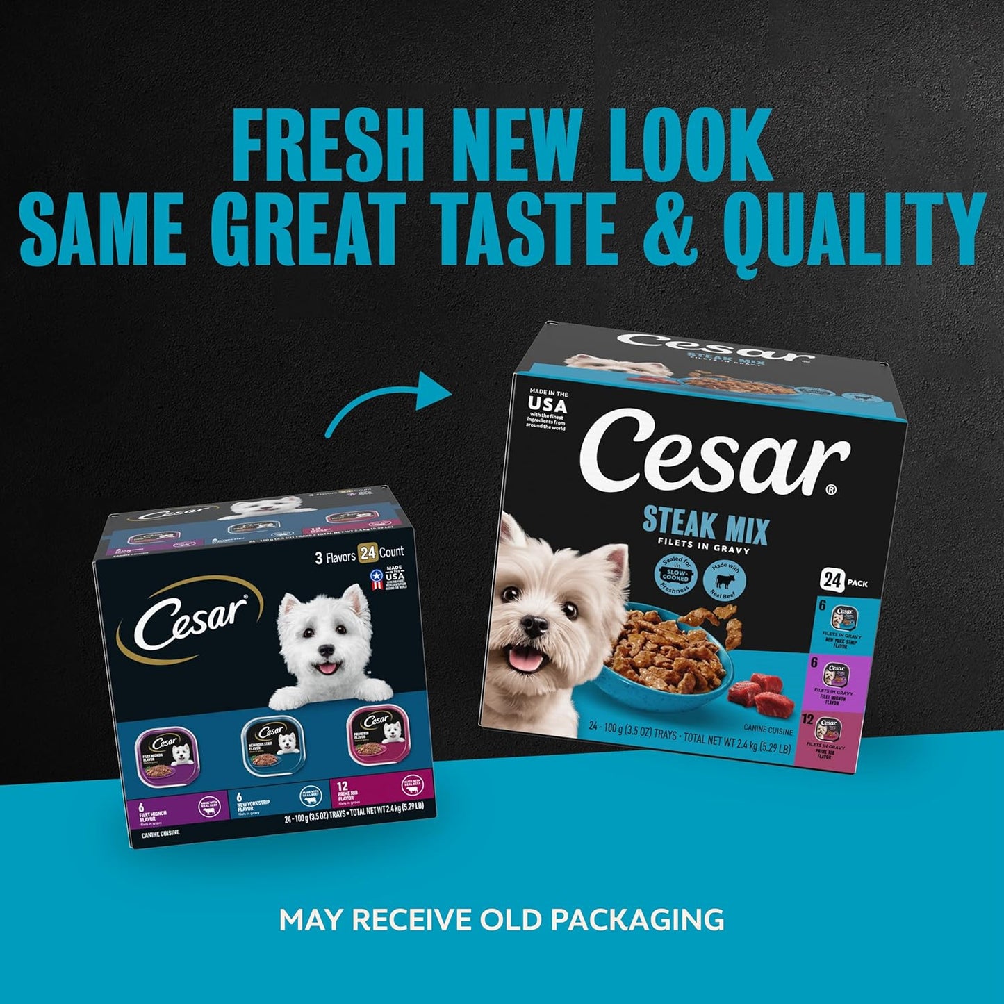 Cesar steak mix variety pack dog food trays including filet mignon flavor