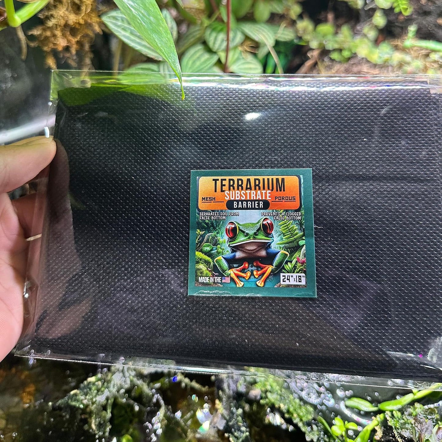 Top view of Ctwpets substrate liner installed in a glass terrarium