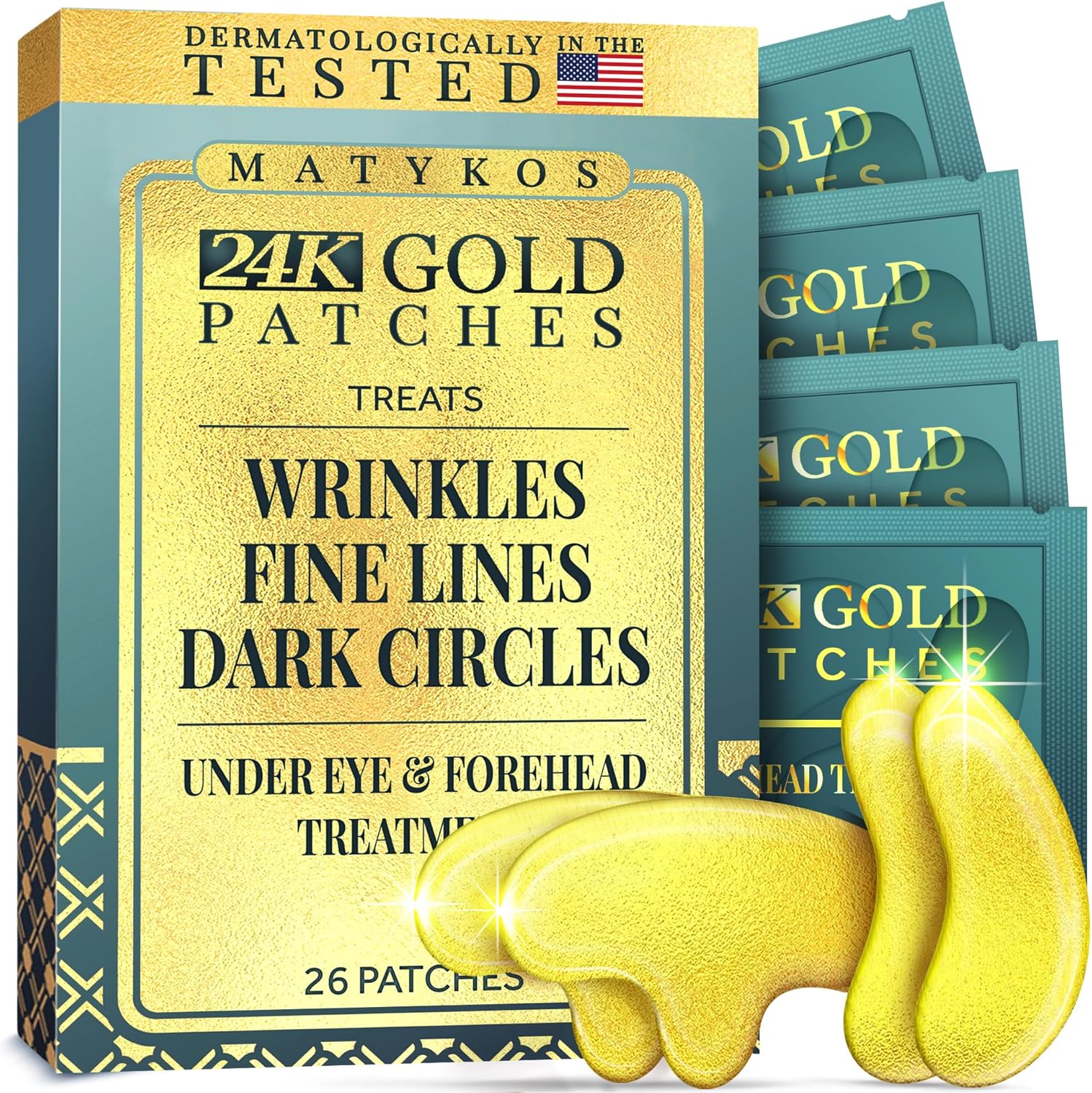 Matykos forehead and under eye wrinkle patches set with 26 golden sachets