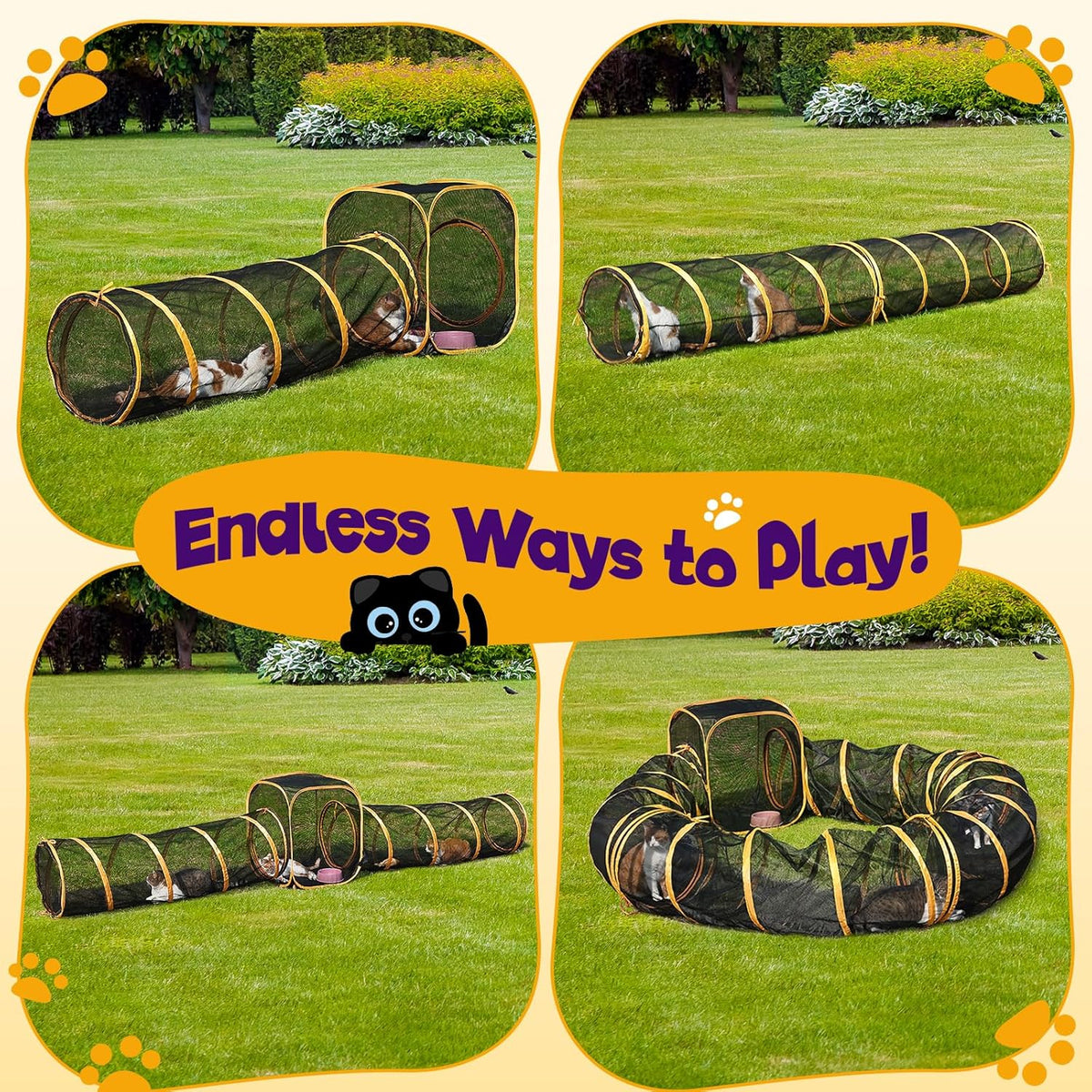 Multiple cats playing securely inside the long modular mesh tunnel system outdoors.