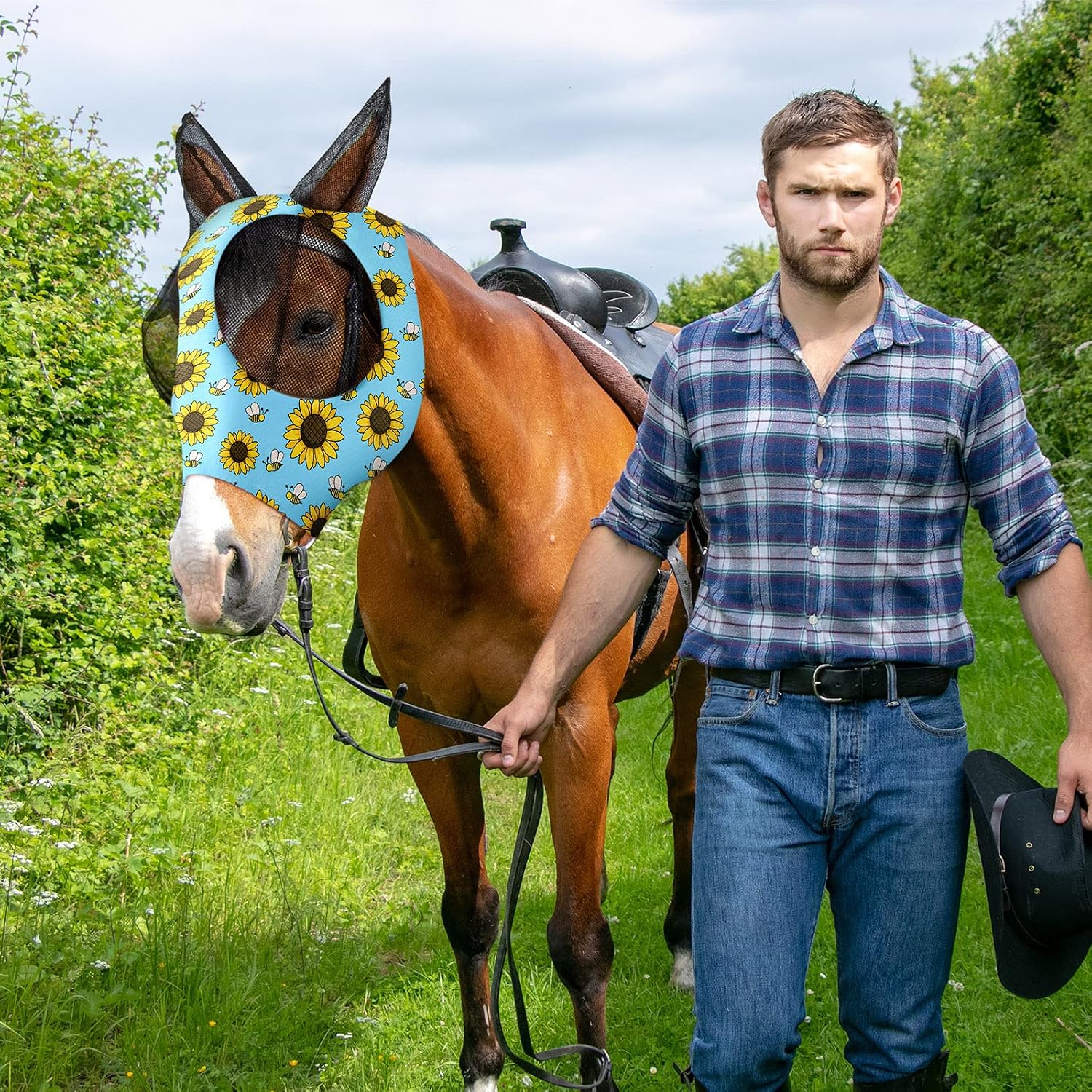 Qualirey floral pattern horse mask demonstrating fabric elasticity