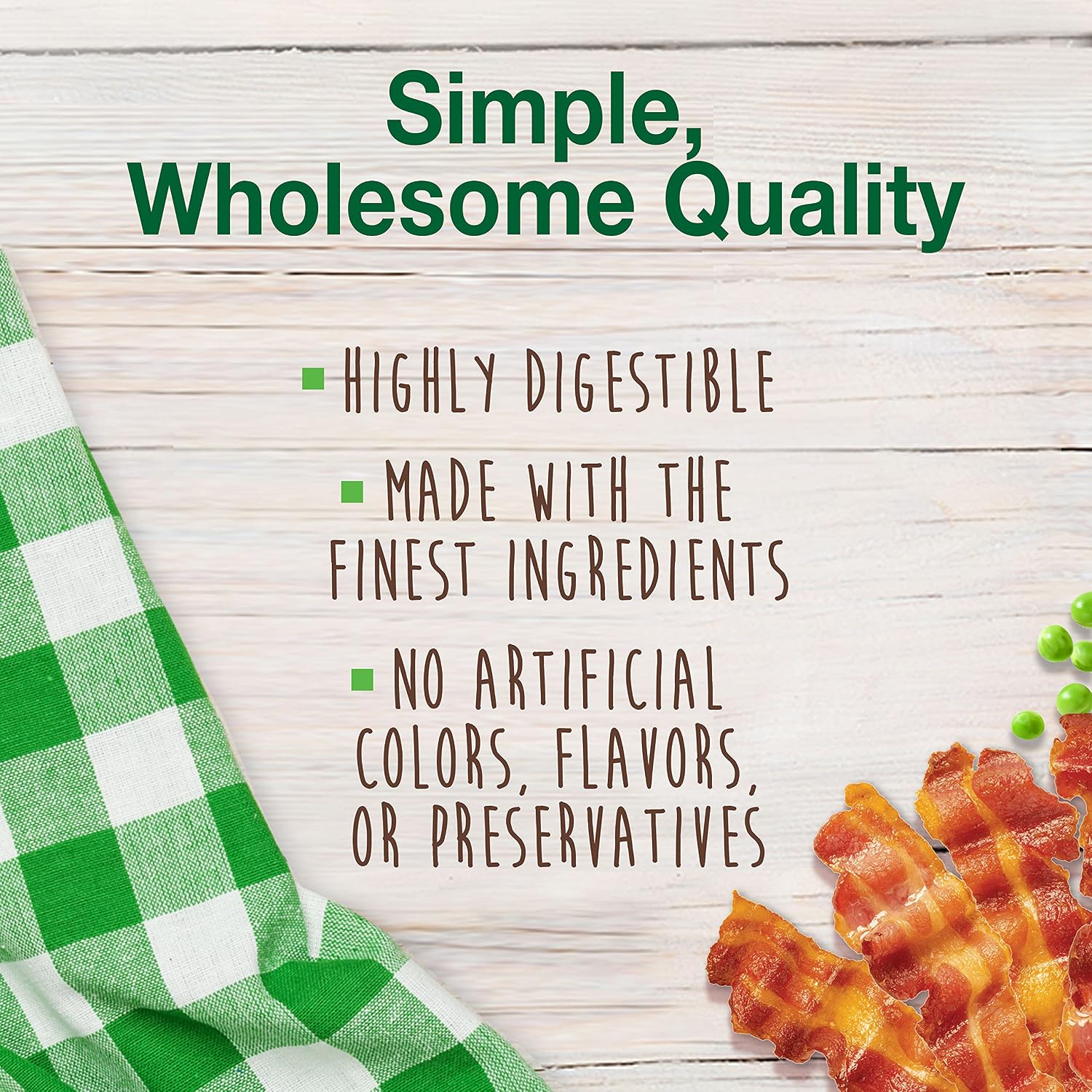 Nylabone healthy edibles bacon flavor dog treats details and ingredient list panel.