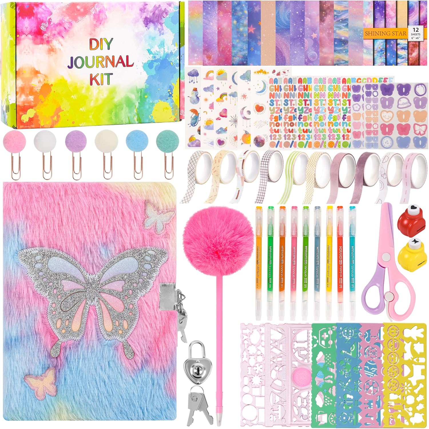 LiYiQ Plush Butterfly Diary Gift Travel Journal Secret Diary with Scrapbook Paper Stickers Journal Stencils Pompom Pen and Washi Tape Practical Set Gift for Birthday Christmas - Image 1