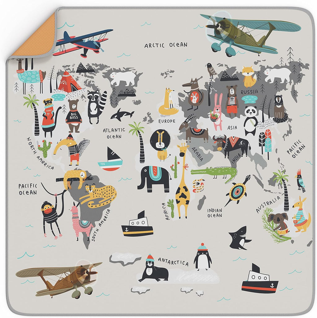 BABYBOET Splat Mat for Baby front view showing the full Animals World Map design under a high chair.