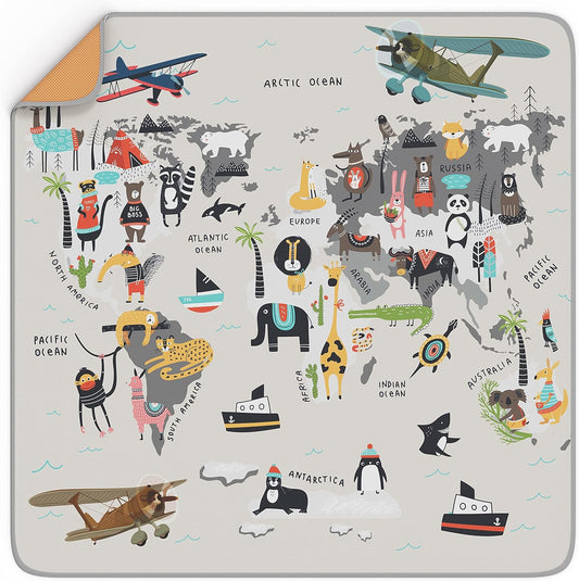 BABYBOET Splat Mat for Baby front view showing the full Animals World Map design under a high chair.