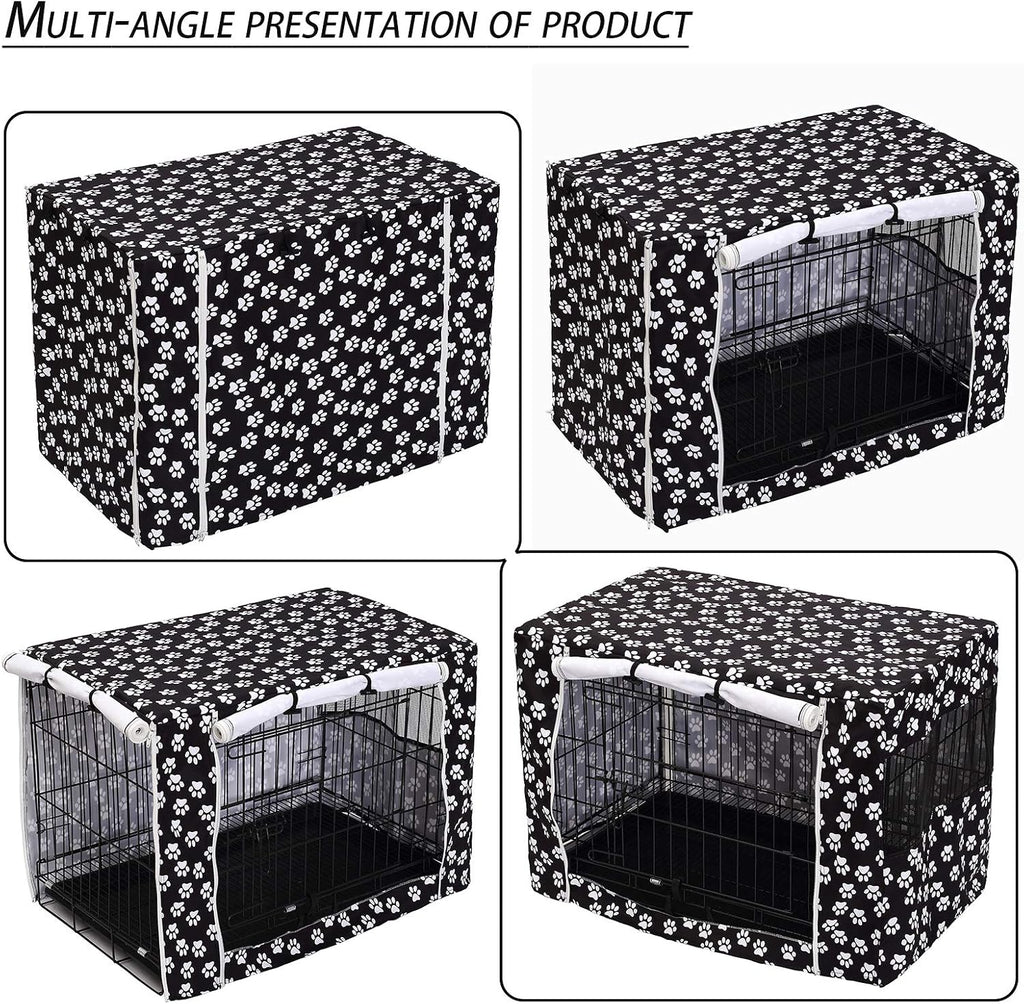 Black universal fit dog kennel jacket with white paw prints pattern placed in living room