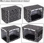 Black universal fit dog kennel jacket with white paw prints pattern placed in living room