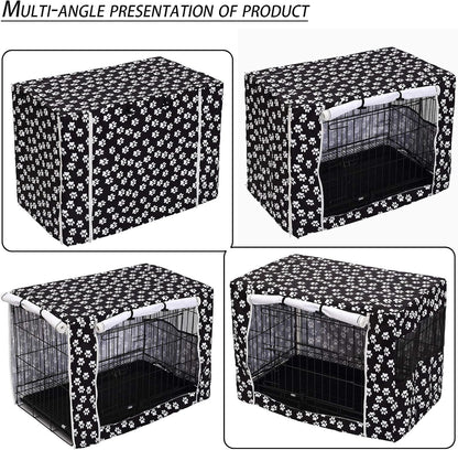 Black universal fit dog kennel jacket with white paw prints pattern placed in living room