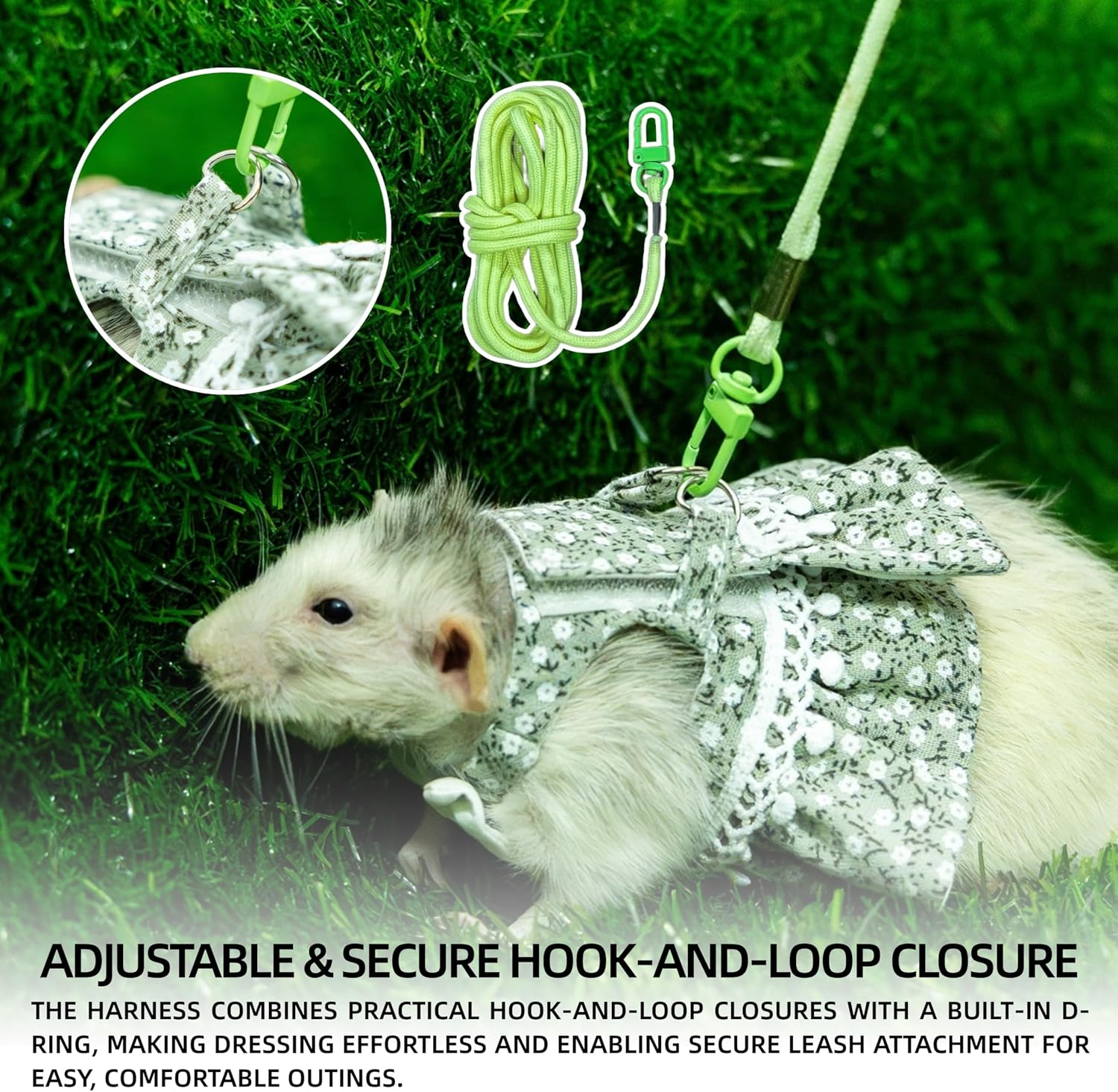 SMOLKITH Guinea Pig Clothes, Cavy Adjustable Green Floral Print Dress with Leash, Small Animal Apparel for Walking, Fits Fancy Rats, Meerkats, Marmot, Chinchillas, Rabbits and More - Image 9