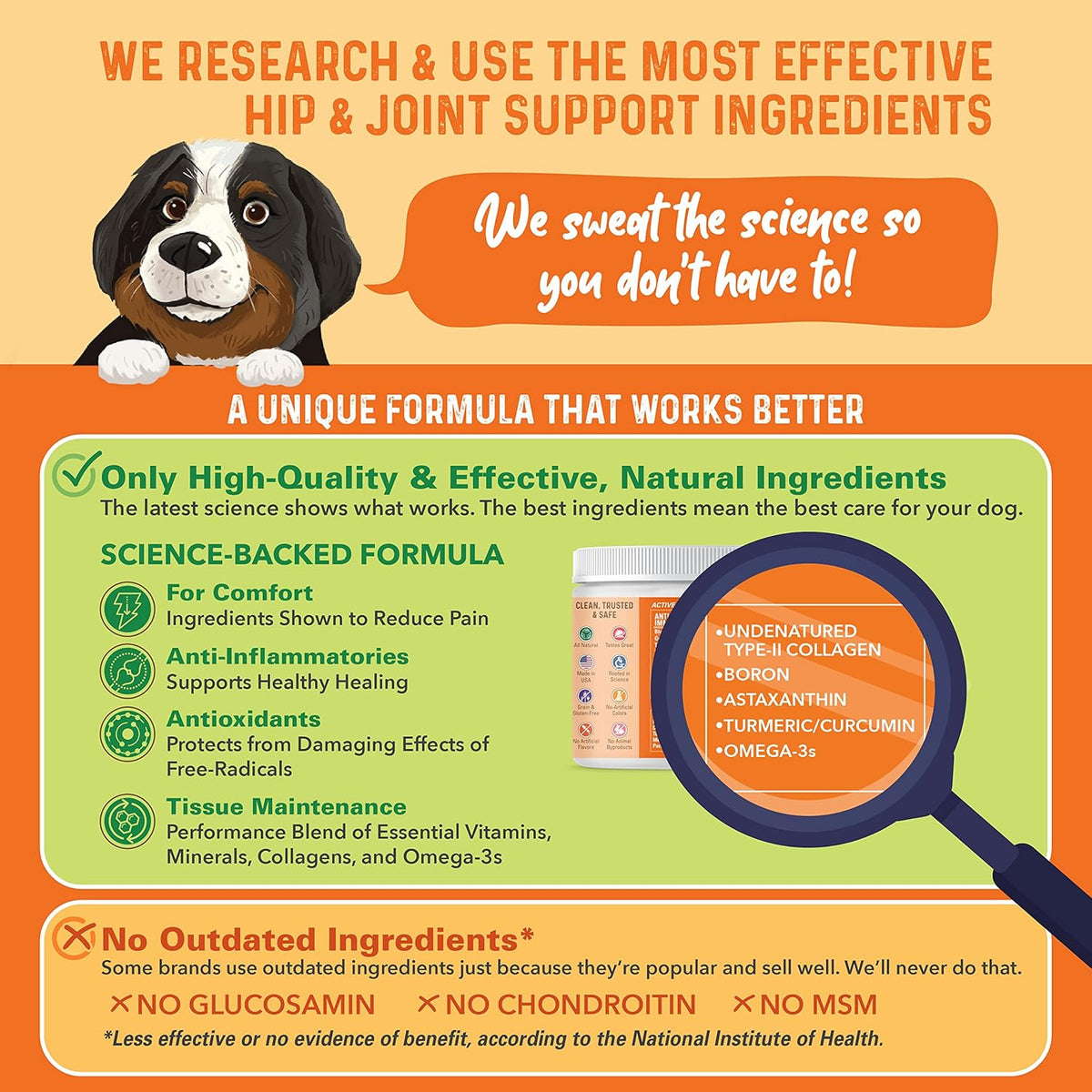 Sixteen active ingredients list on Bernie's dog hip supplement container