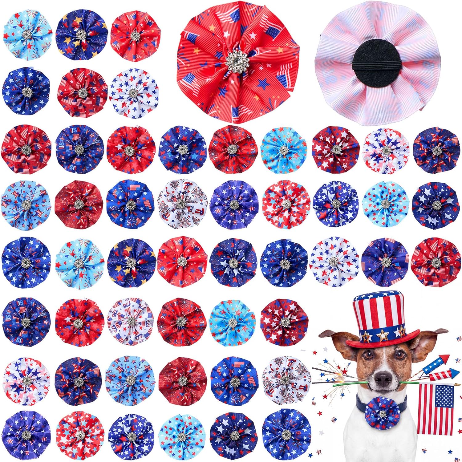 Dansydaisy patriotic dog collar bows front view showing multiple red white and blue patterns