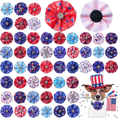 Dansydaisy patriotic dog collar bows front view showing multiple red white and blue patterns