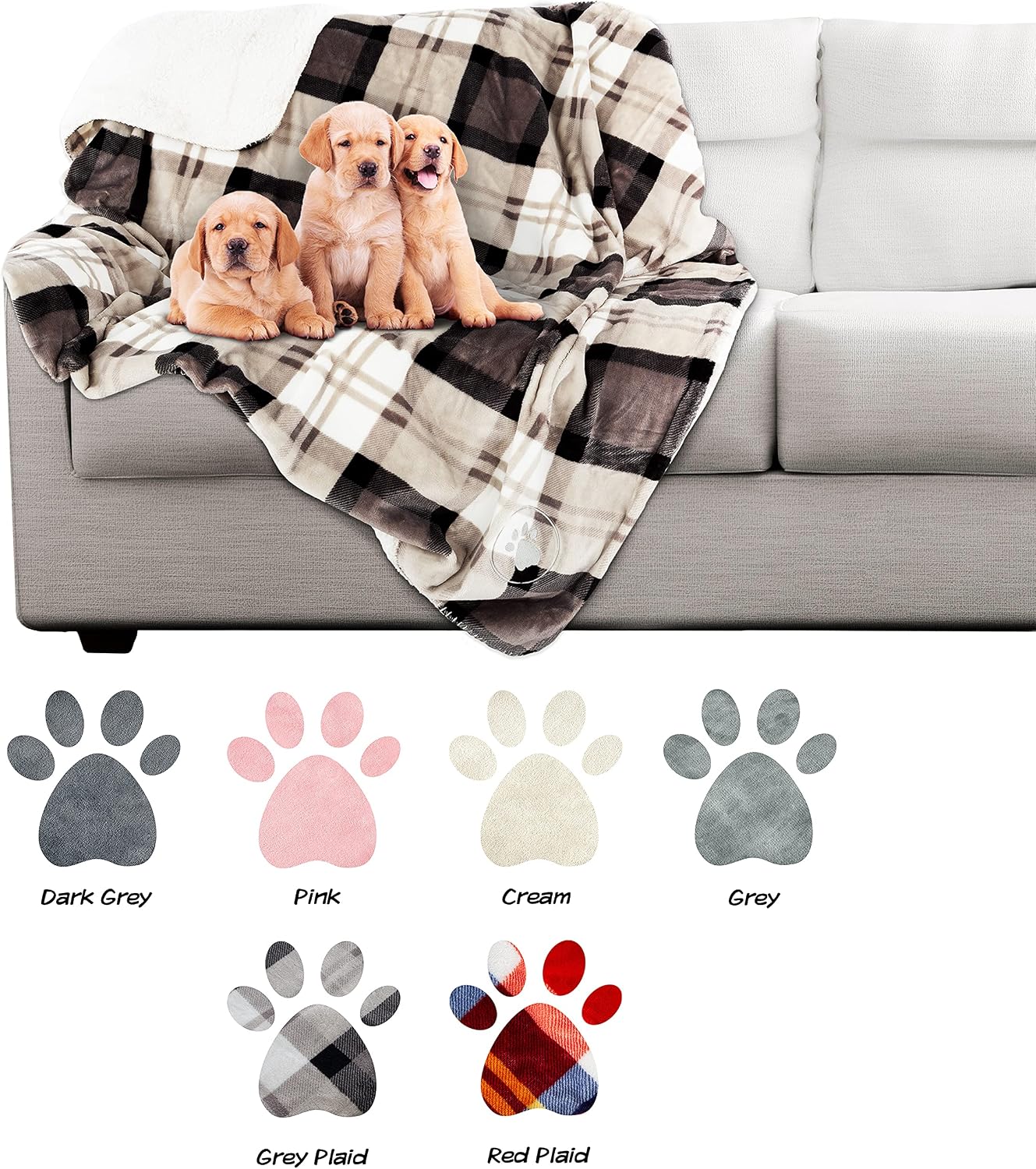 Embroidered paw design detail on the Petmaker reversible waterproof pet blanket.
