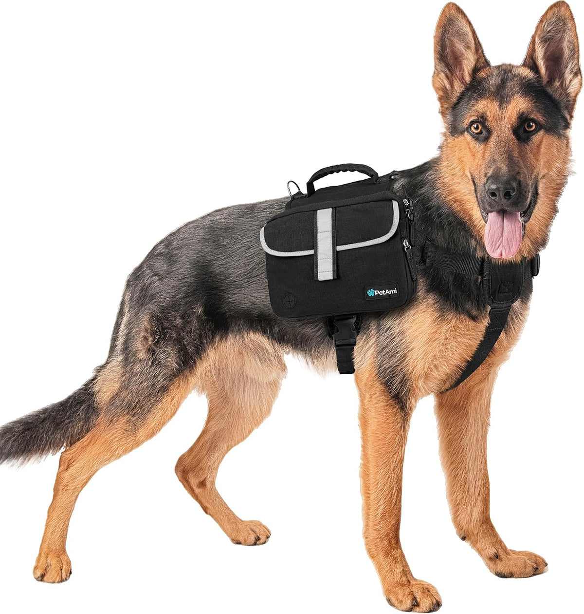 PetAmi Tactical Harness back view demonstrating even weight distribution of the dual saddlebags on a dog